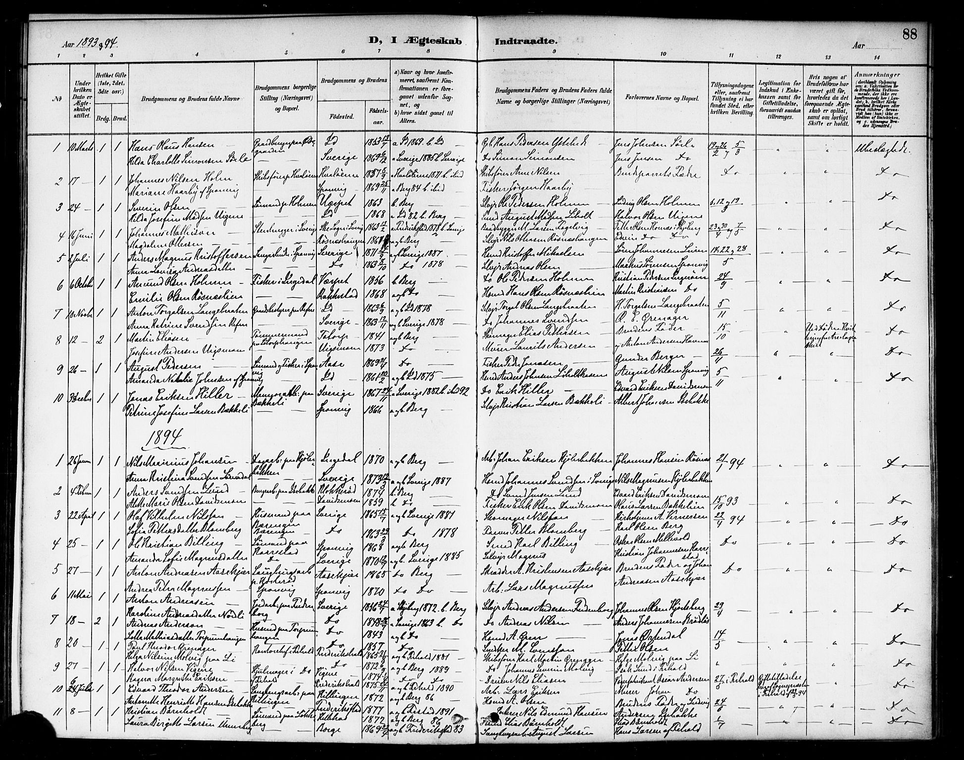 Berg prestekontor Kirkebøker, AV/SAO-A-10902/F/Fa/L0007: Ministerialbok nr. I 7, 1888-1902, s. 88