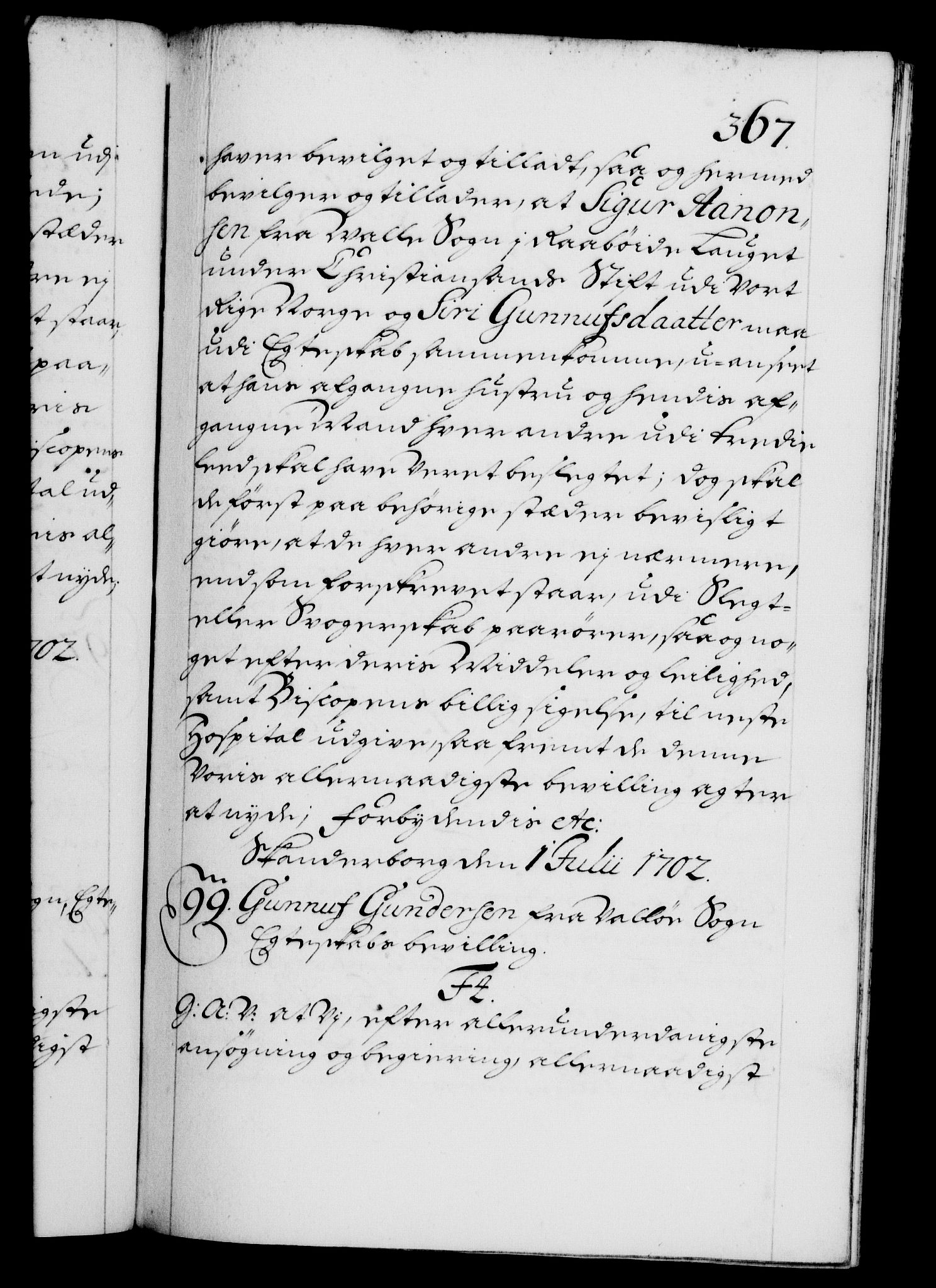 Danske Kanselli 1572-1799, RA/EA-3023/F/Fc/Fca/Fcaa/L0018: Norske registre, 1699-1703, s. 367a