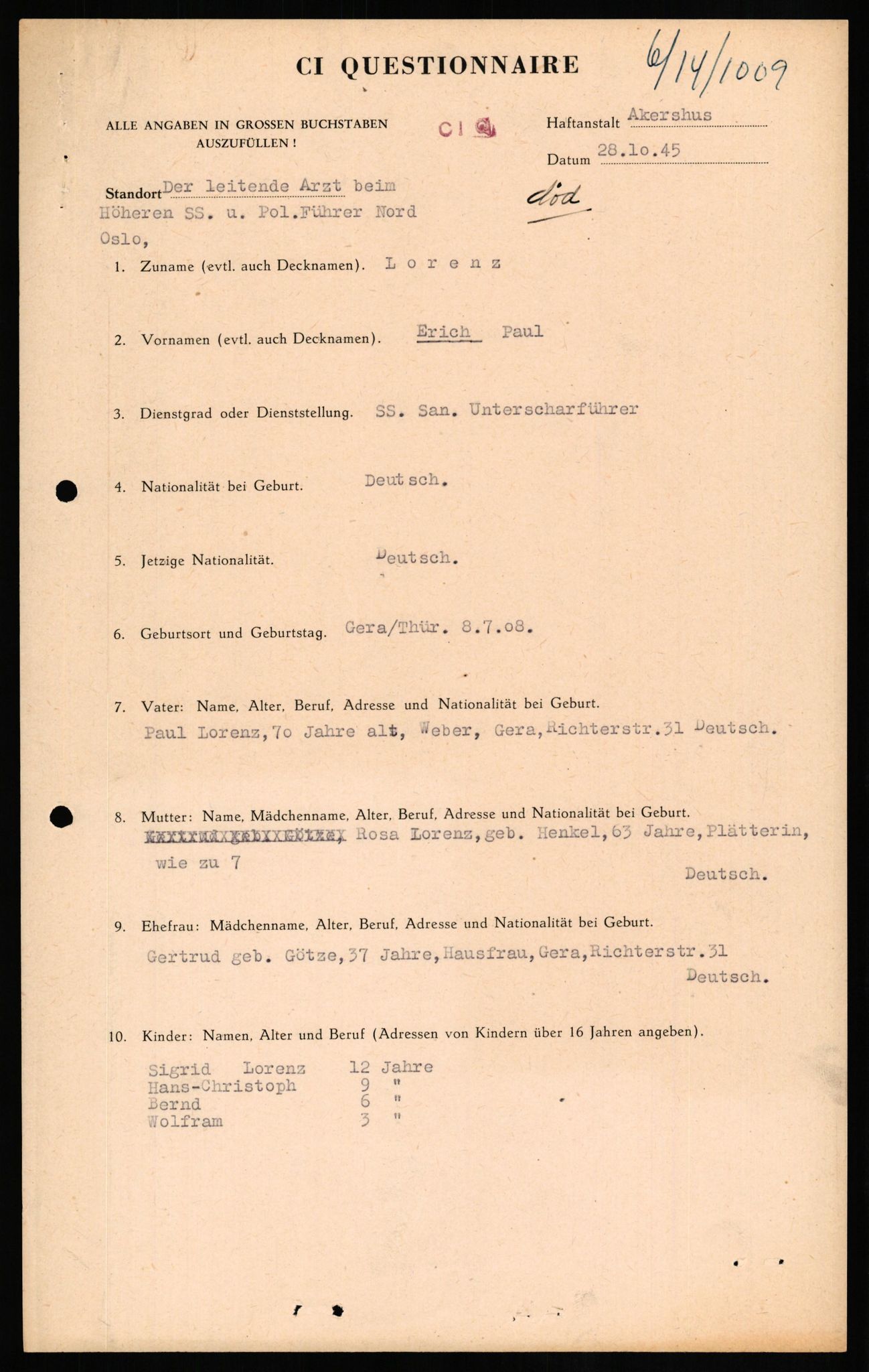 Forsvaret, Forsvarets overkommando II, RA/RAFA-3915/D/Db/L0020: CI Questionaires. Tyske okkupasjonsstyrker i Norge. Tyskere., 1945-1946, s. 326