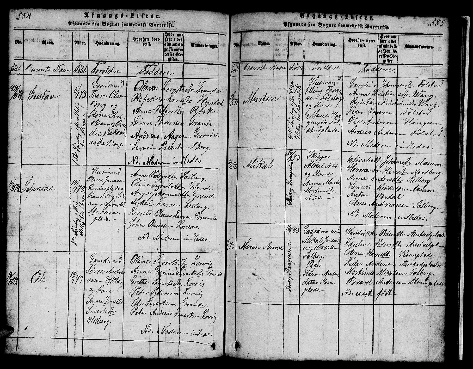 Ministerialprotokoller, klokkerbøker og fødselsregistre - Nord-Trøndelag, SAT/A-1458/731/L0310: Klokkerbok nr. 731C01, 1816-1874, s. 584-585