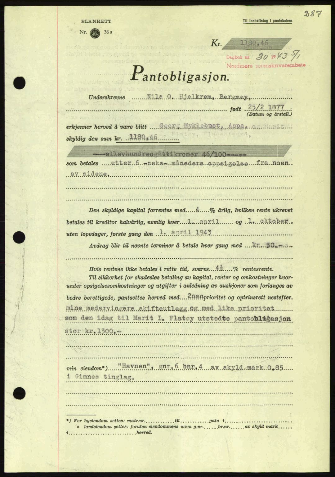 Nordmøre sorenskriveri, SAT/A-4132/1/2/2Ca: Pantebok nr. B90, 1942-1943, Dagboknr: 30/1943
