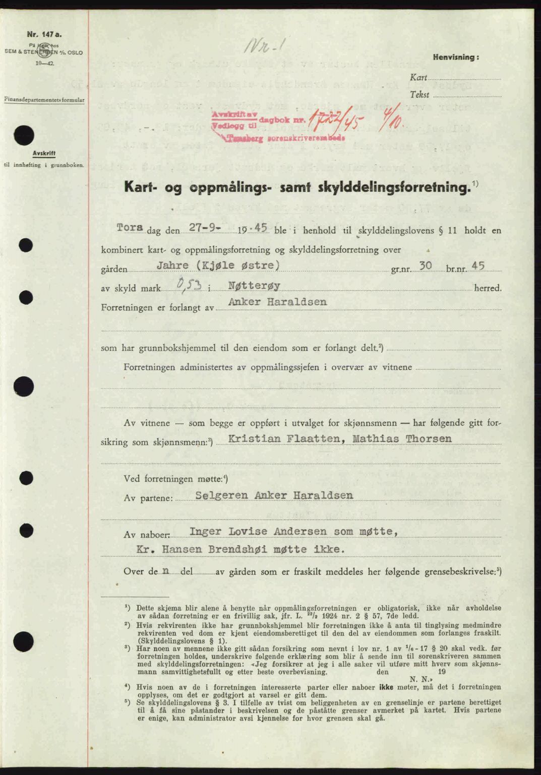 Tønsberg sorenskriveri, AV/SAKO-A-130/G/Ga/Gaa/L0017a: Pantebok nr. A17a, 1945-1945, Dagboknr: 1722/1945