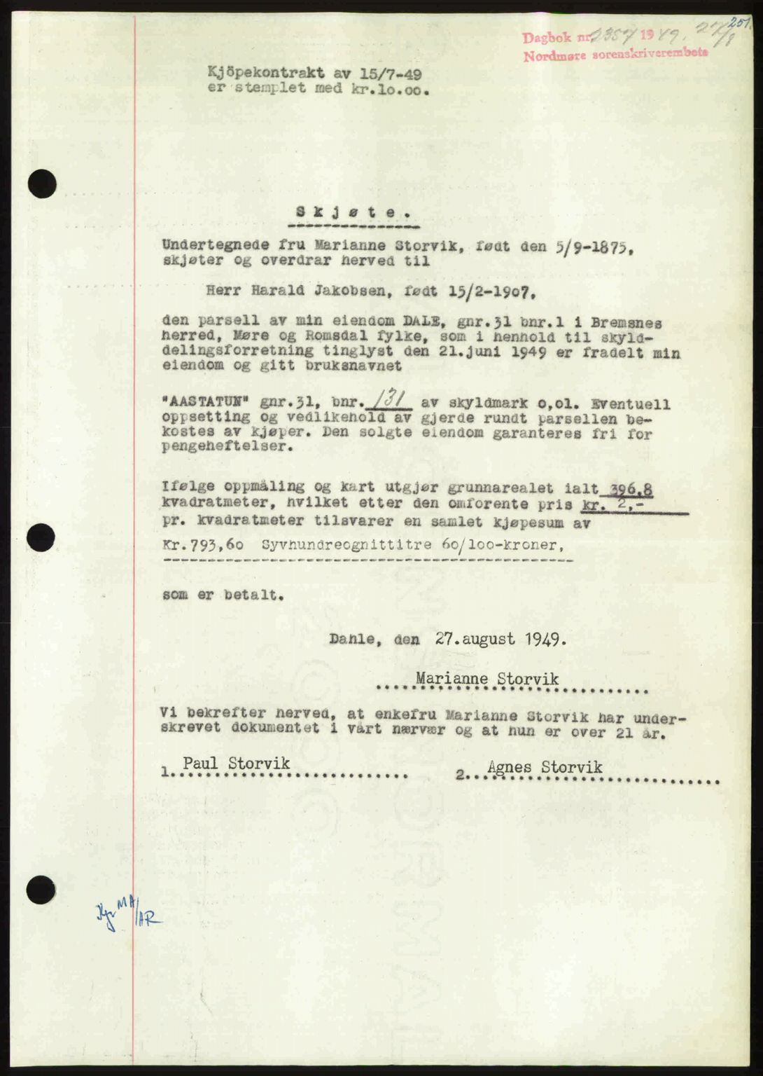 Nordmøre sorenskriveri, SAT/A-4132/1/2/2Ca: Pantebok nr. A112, 1949-1949, Dagboknr: 2357/1949