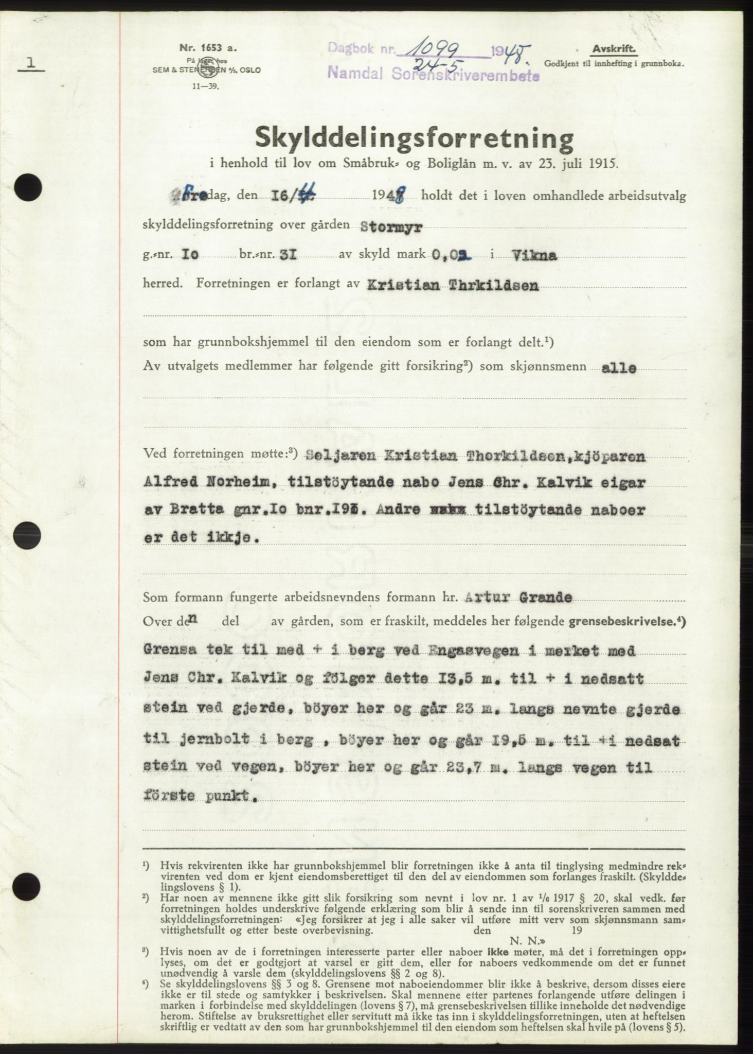 Namdal sorenskriveri, SAT/A-4133/1/2/2C: Pantebok nr. -, 1947-1948, Dagboknr: 1099/1948