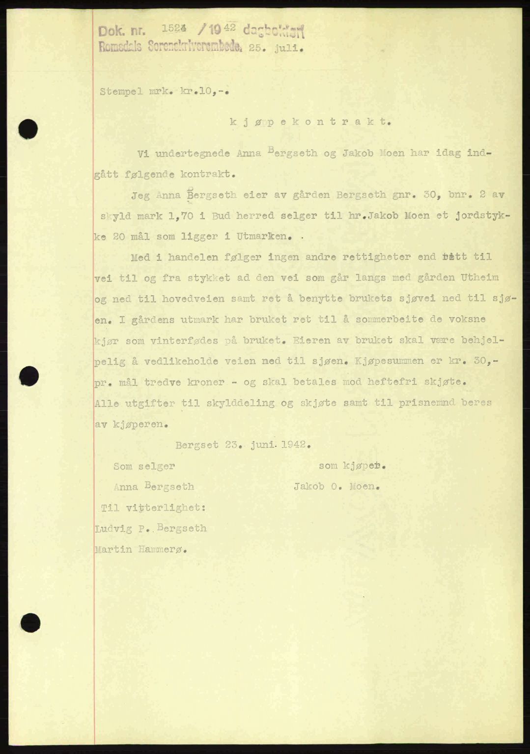 Romsdal sorenskriveri, SAT/A-4149/1/2/2C: Pantebok nr. A12, 1942-1942, Dagboknr: 1524/1942