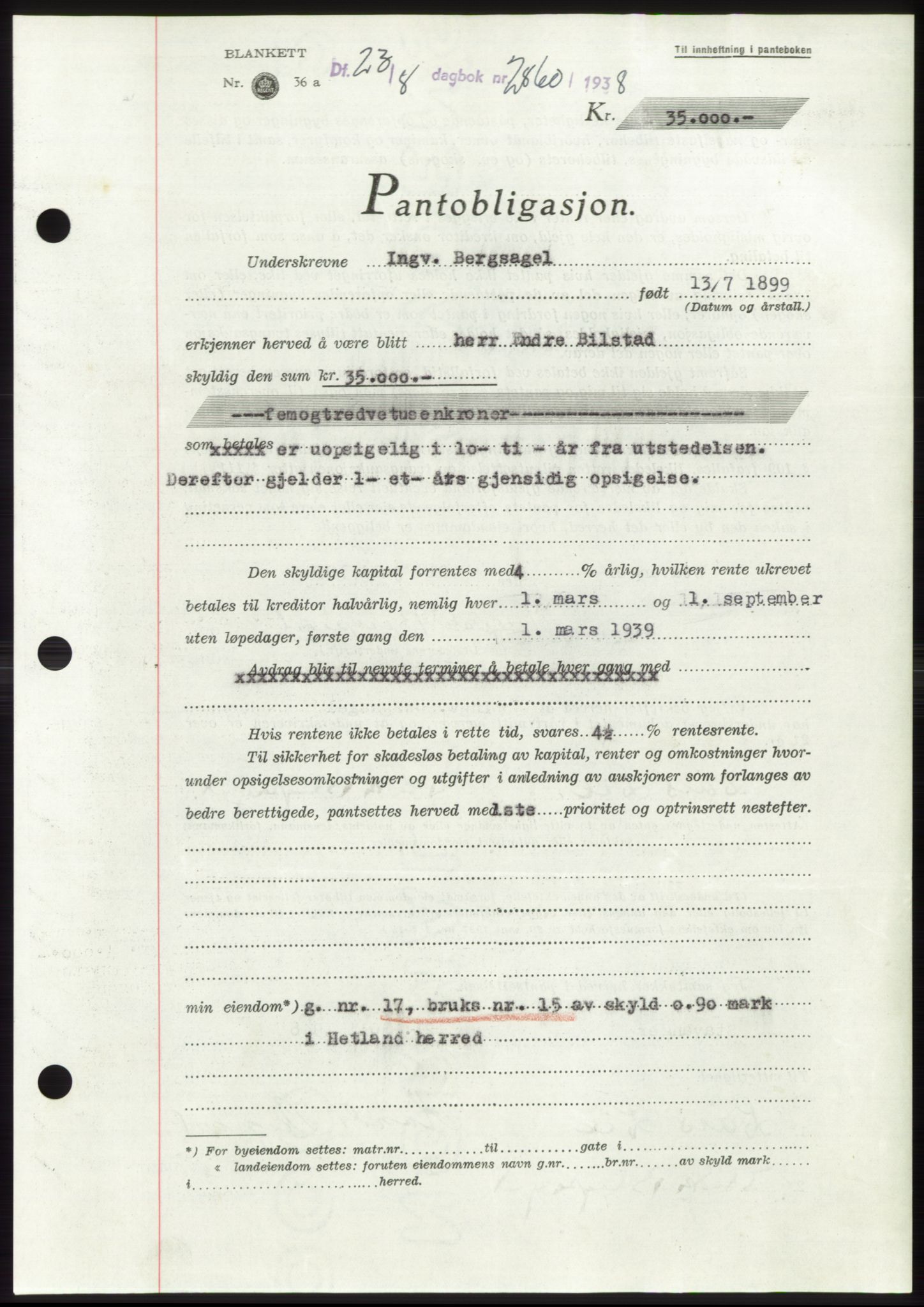 Jæren sorenskriveri, SAST/A-100310/03/G/Gba/L0071: Pantebok, 1938-1938, Dagboknr: 2860/1938