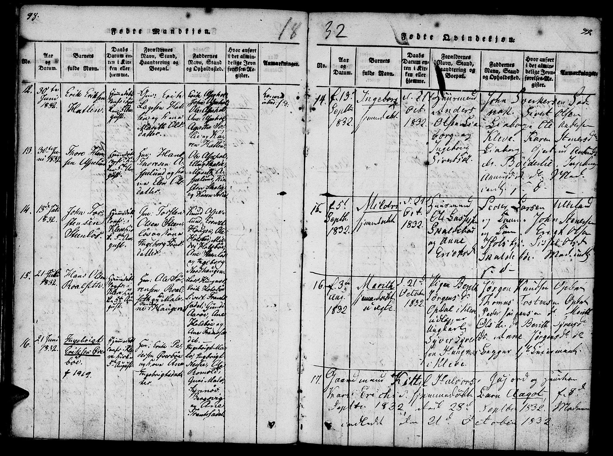 Ministerialprotokoller, klokkerbøker og fødselsregistre - Møre og Romsdal, AV/SAT-A-1454/557/L0679: Ministerialbok nr. 557A01, 1818-1843, s. 98-99