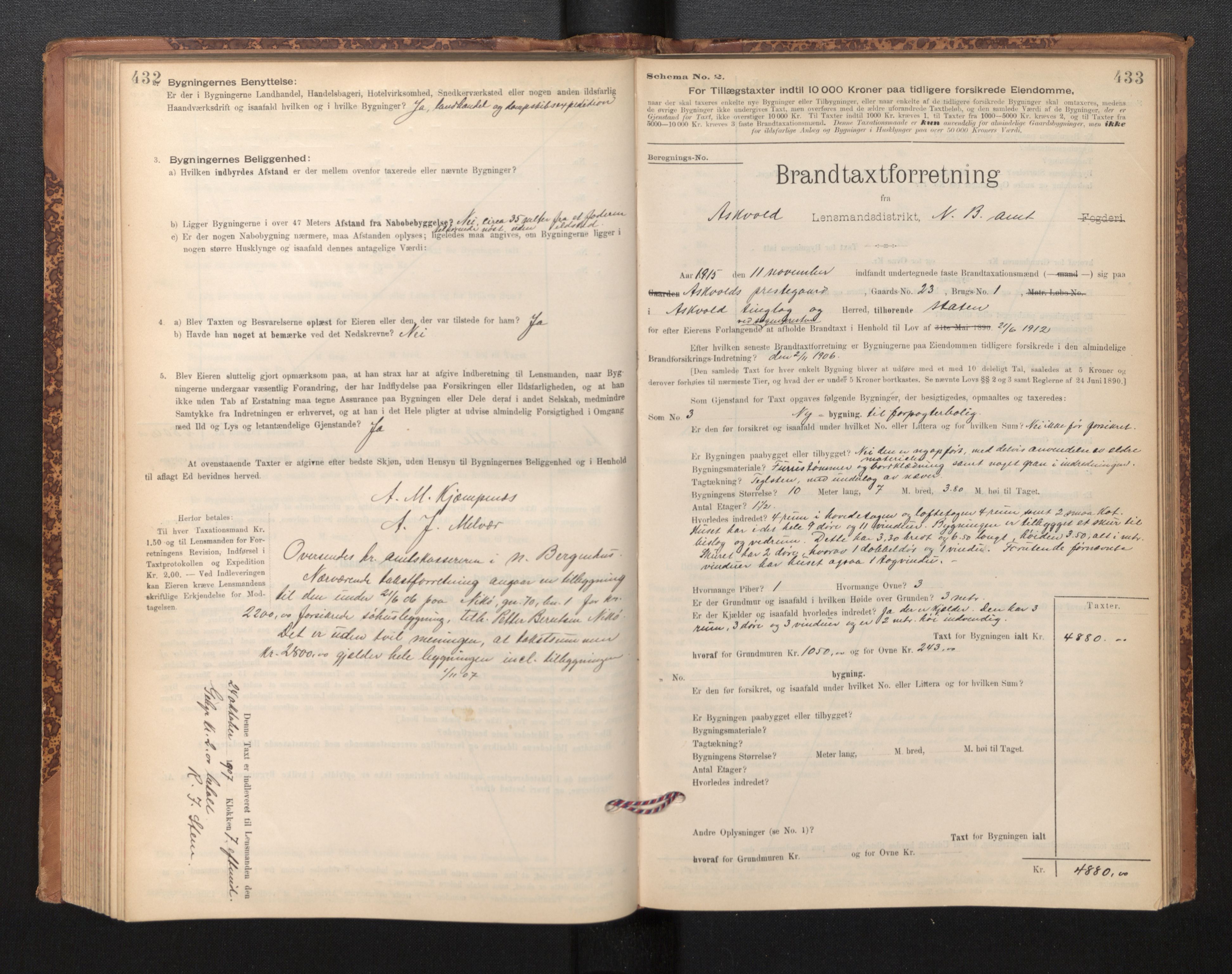 Lensmannen i Askvoll, SAB/A-26301/0012/L0004: Branntakstprotokoll, skjematakst og liste over branntakstmenn, 1895-1932, s. 432-433