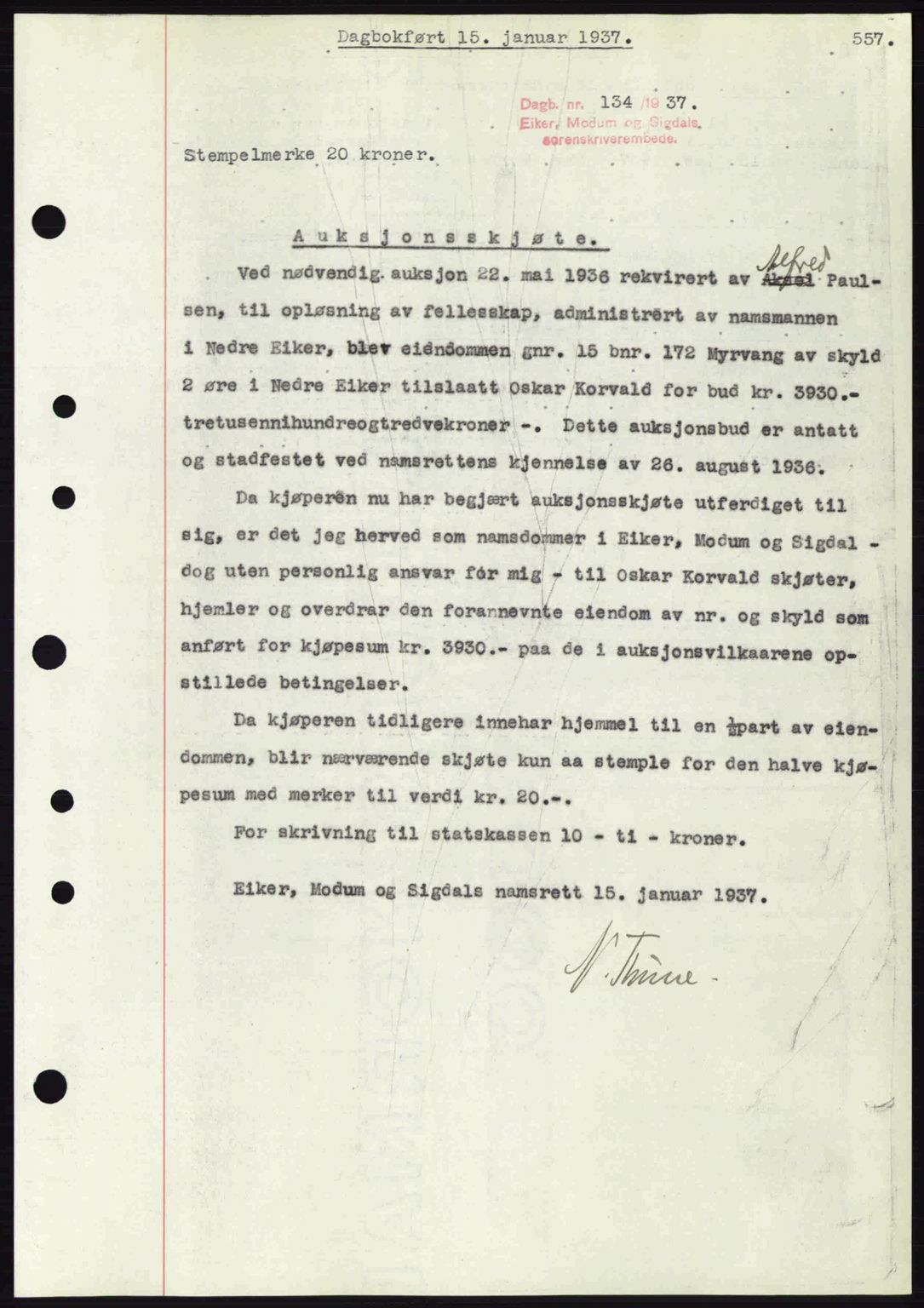 Eiker, Modum og Sigdal sorenskriveri, SAKO/A-123/G/Ga/Gab/L0034: Pantebok nr. A4, 1936-1937, Dagboknr: 134/1937