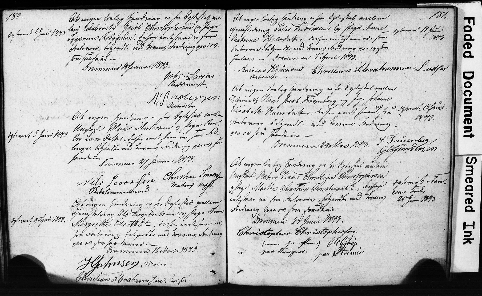 Strømsø kirkebøker, SAKO/A-246/H/Hb/L0002: Forlovererklæringer nr. 2, 1815-1857, s. 180-181