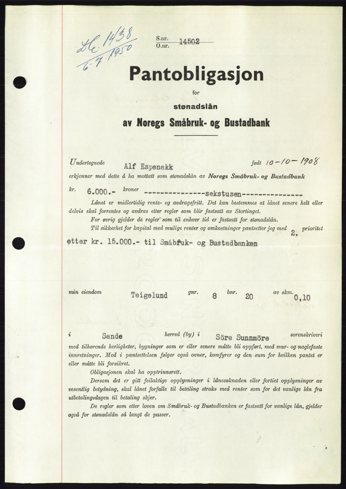 Søre Sunnmøre sorenskriveri, SAT/A-4122/1/2/2C/L0118: Pantebok nr. 6B, 1949-1950, Dagboknr: 1438/1950