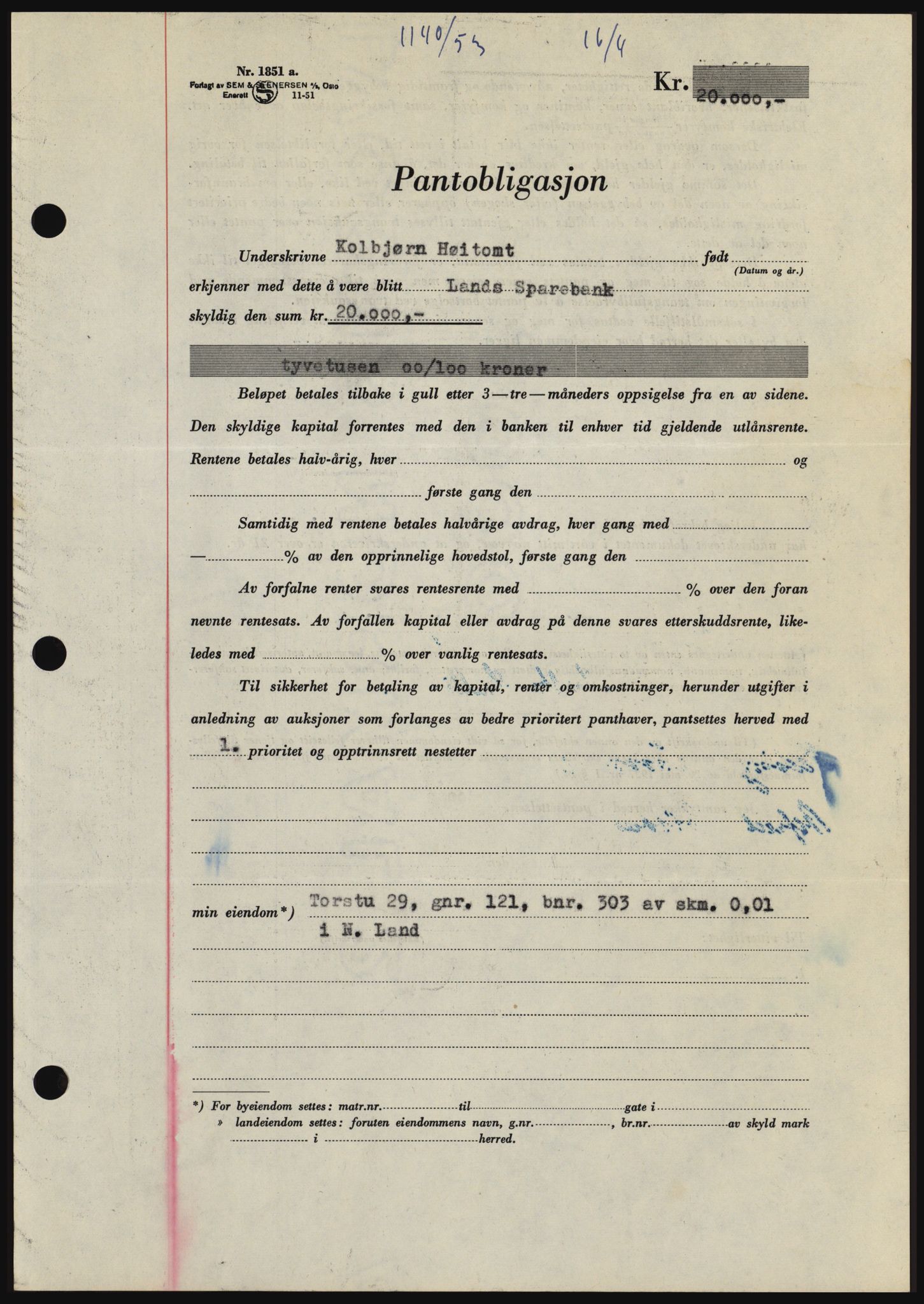 Hadeland og Land tingrett, SAH/TING-010/H/Hb/Hbc/L0026: Pantebok nr. B26, 1953-1953, Dagboknr: 1140/1953