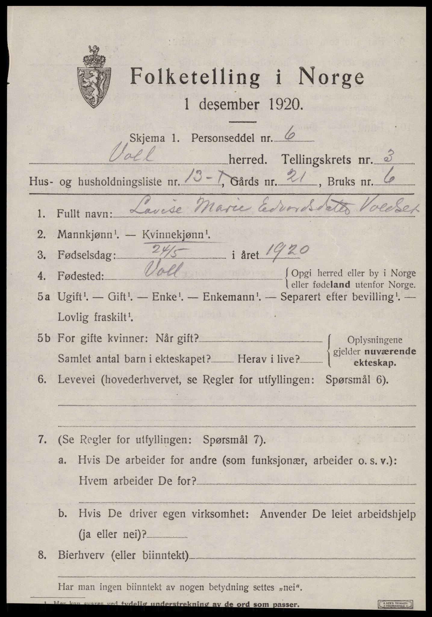 SAT, Folketelling 1920 for 1537 Voll herred, 1920, s. 1399