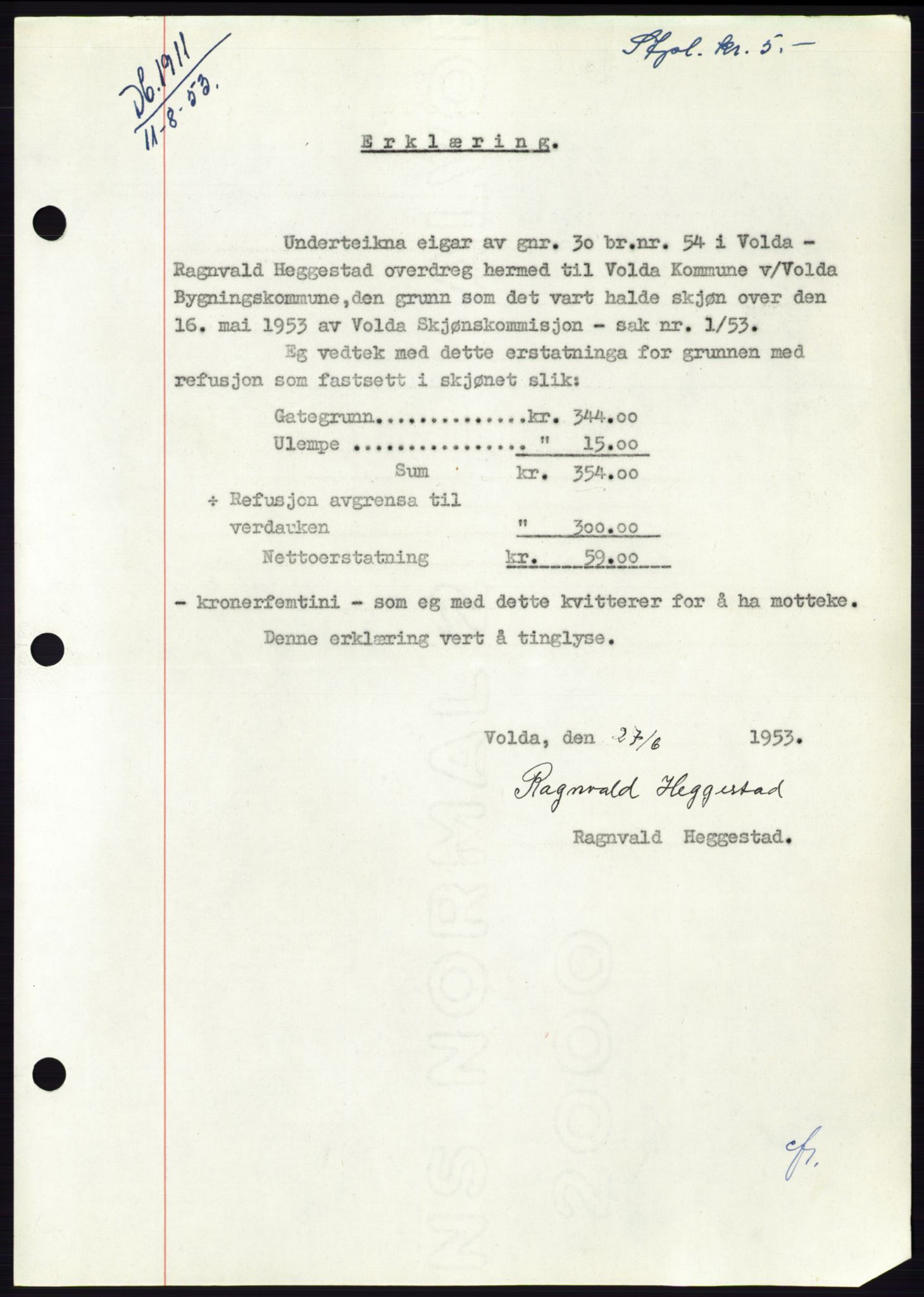 Søre Sunnmøre sorenskriveri, AV/SAT-A-4122/1/2/2C/L0095: Pantebok nr. 21A, 1953-1953, Dagboknr: 1911/1953