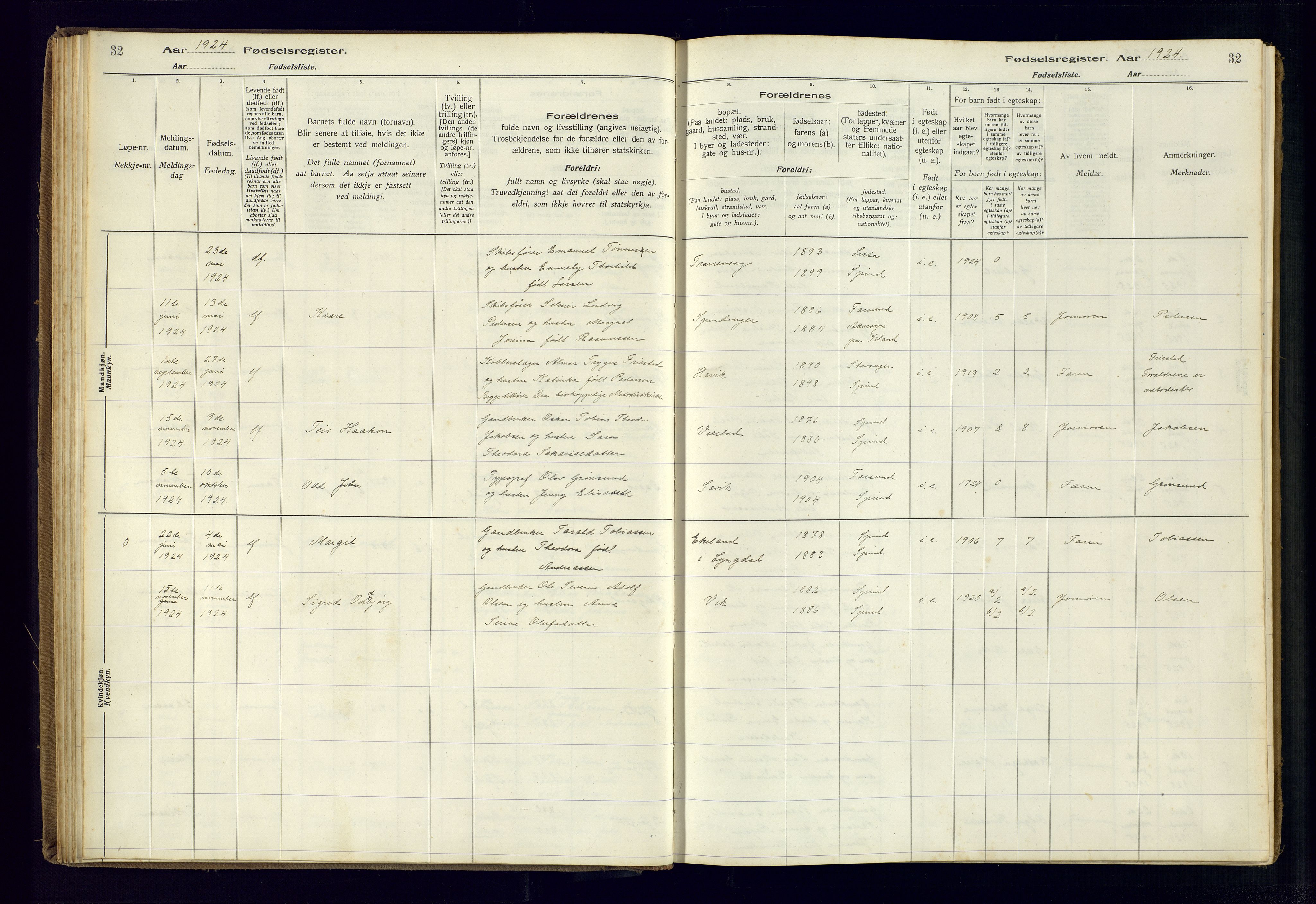 Farsund sokneprestkontor, AV/SAK-1111-0009/J/Ja/L0004: Fødselsregister nr. A-VI-11, 1916-1982, s. 32