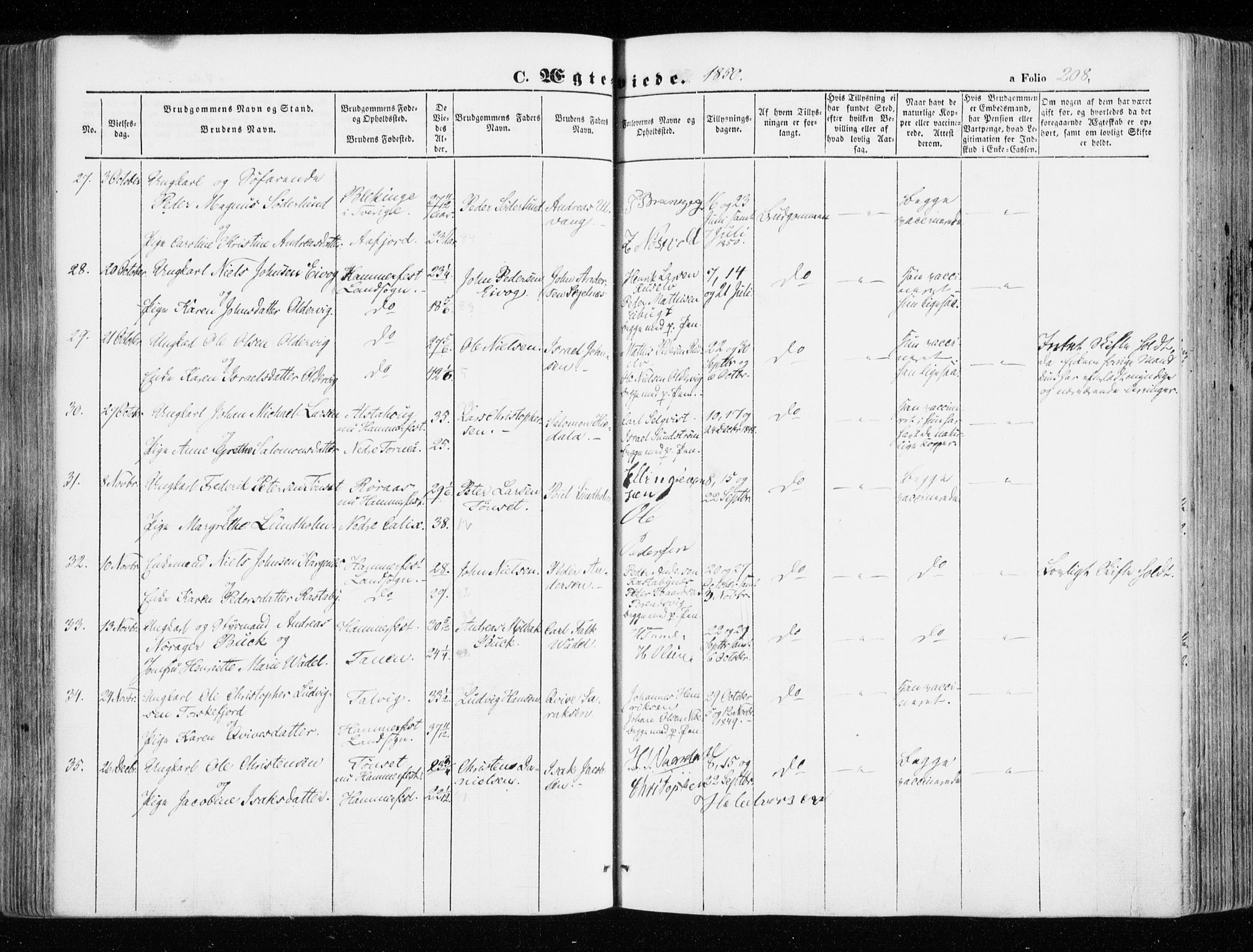 Hammerfest sokneprestkontor, AV/SATØ-S-1347/H/Ha/L0004.kirke: Ministerialbok nr. 4, 1843-1856, s. 208