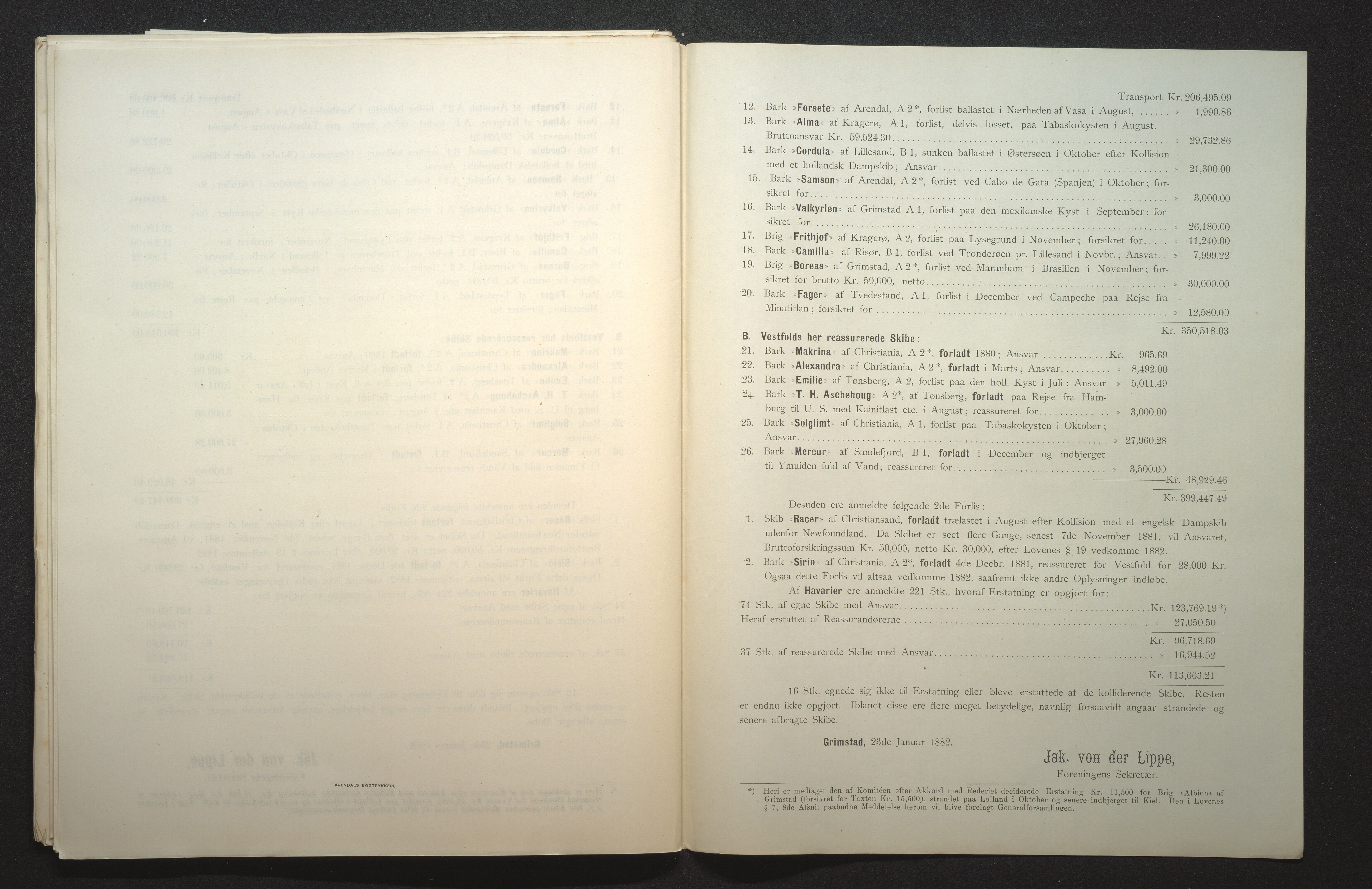 Agders Gjensidige Assuranceforening, AAKS/PA-1718/05/L0002: Regnskap, seilavdeling, pakkesak, 1881-1889