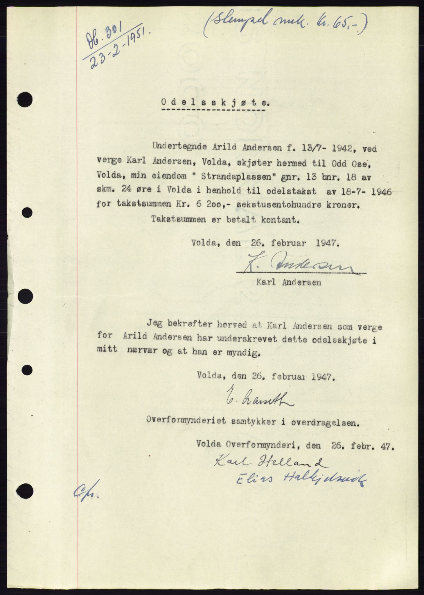 Søre Sunnmøre sorenskriveri, SAT/A-4122/1/2/2C/L0088: Pantebok nr. 14A, 1950-1951, Dagboknr: 301/1951
