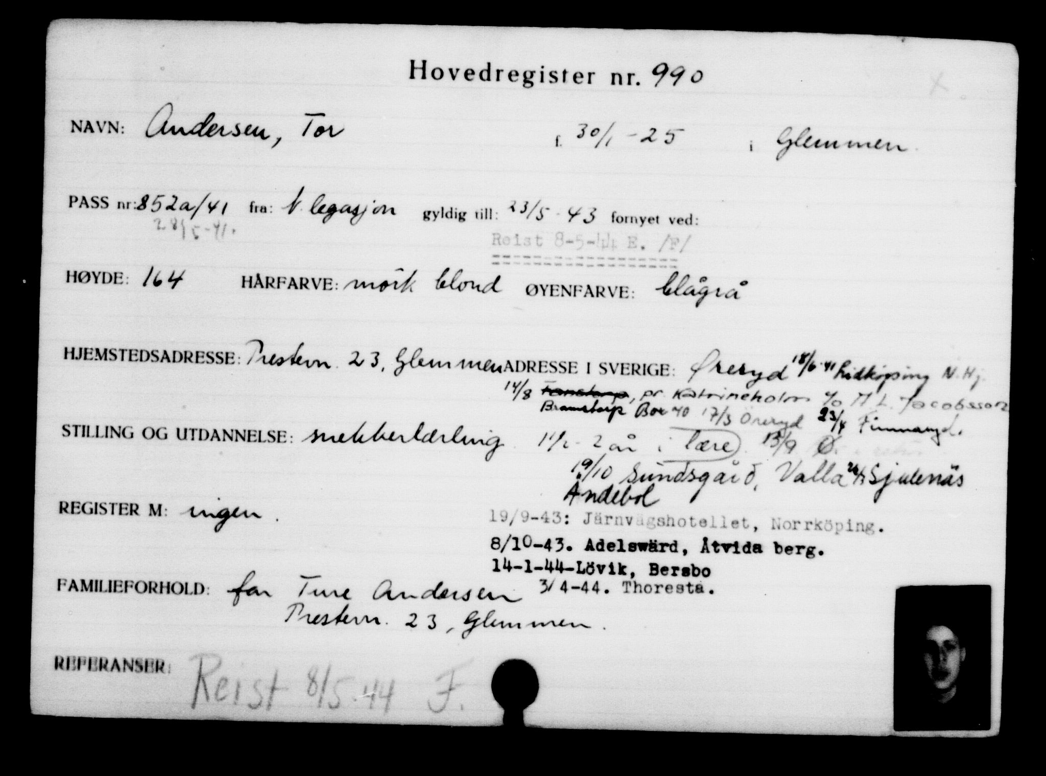 Utenriksstasjonene, Legasjonen i Stockholm, Flyktningkontoret, AV/RA-S-6753/V/Va/L0001: Kjesäterkartoteket, flyktninger med registreringsnr. 1-1000, 1940-1945, s. 1532