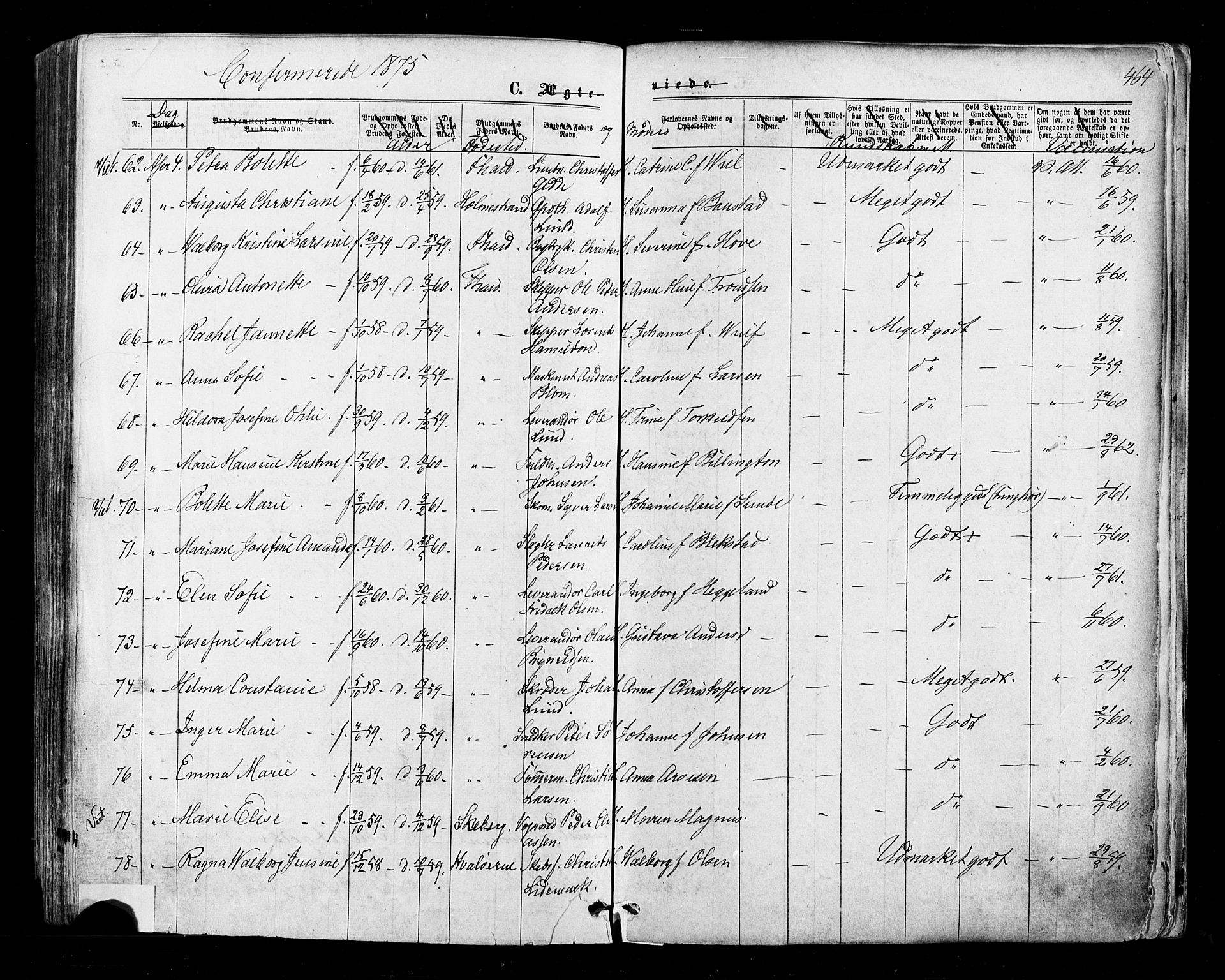 Halden prestekontor Kirkebøker, AV/SAO-A-10909/F/Fa/L0009: Ministerialbok nr. I 9, 1866-1877, s. 464