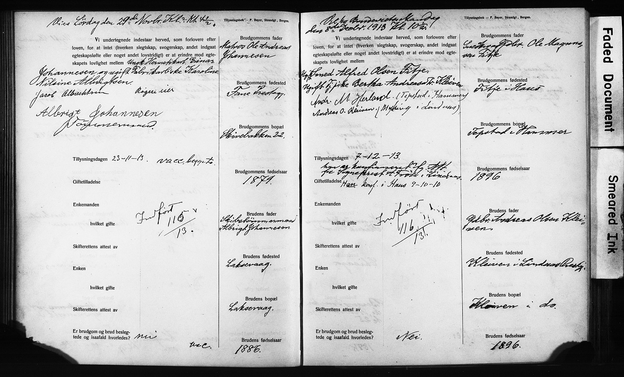 Domkirken sokneprestembete, SAB/A-74801: Forlovererklæringer nr. II.5.12, 1910-1917, s. 189