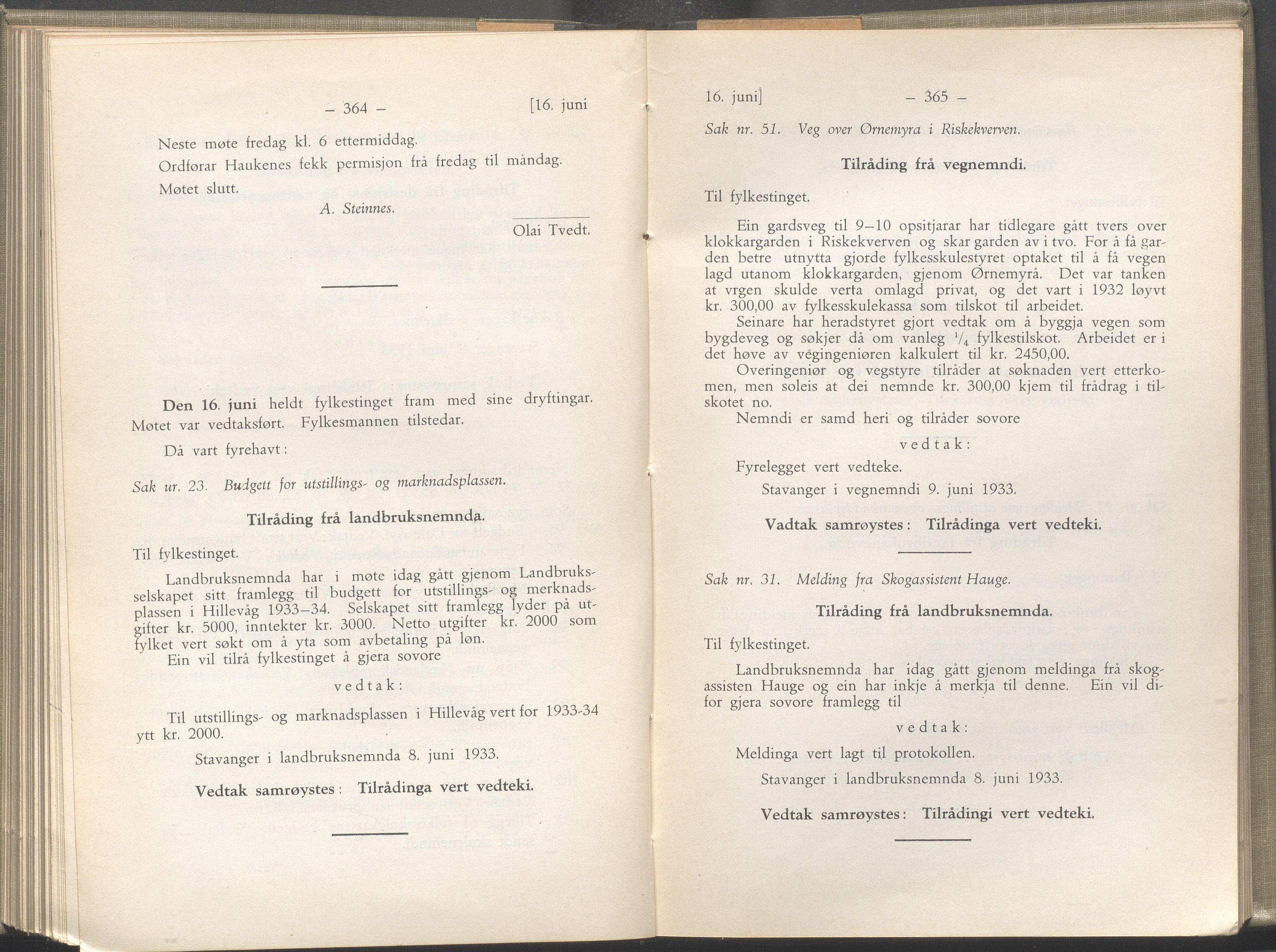 Rogaland fylkeskommune - Fylkesrådmannen , IKAR/A-900/A/Aa/Aaa/L0052: Møtebok , 1933, s. 364-365