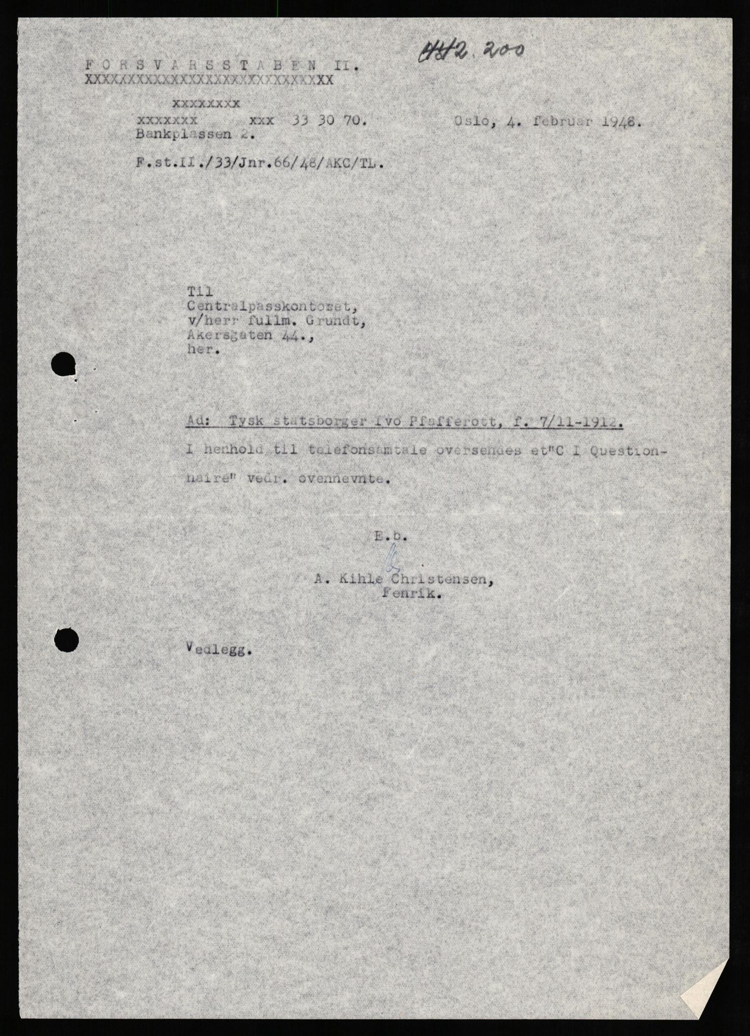 Forsvaret, Forsvarets overkommando II, AV/RA-RAFA-3915/D/Db/L0026: CI Questionaires. Tyske okkupasjonsstyrker i Norge. Tyskere., 1945-1946, s. 67