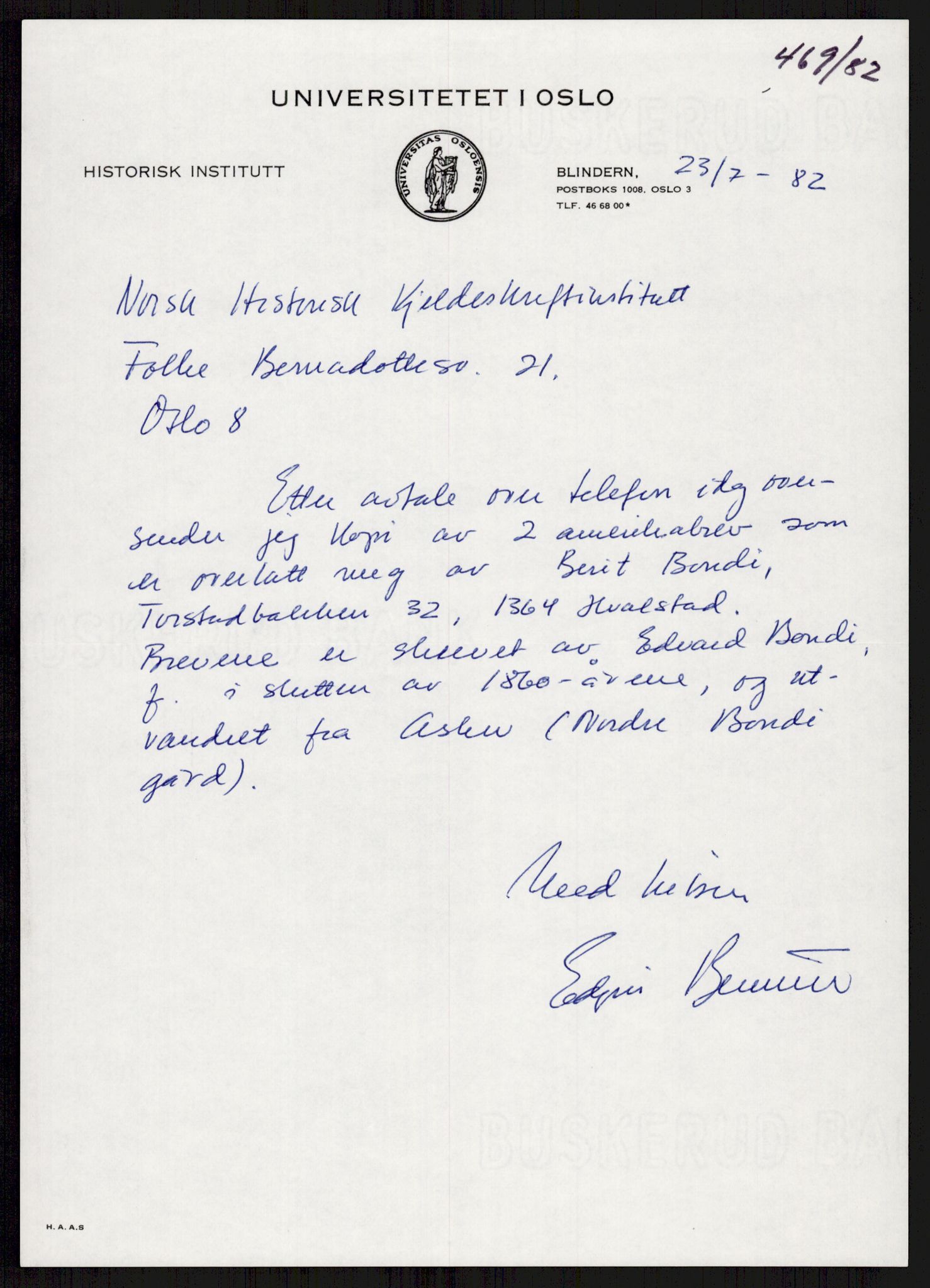 Samlinger til kildeutgivelse, Amerikabrevene, AV/RA-EA-4057/F/L0004: Innlån fra Akershus: Amundsenarkivet - Breen, 1838-1914, s. 46