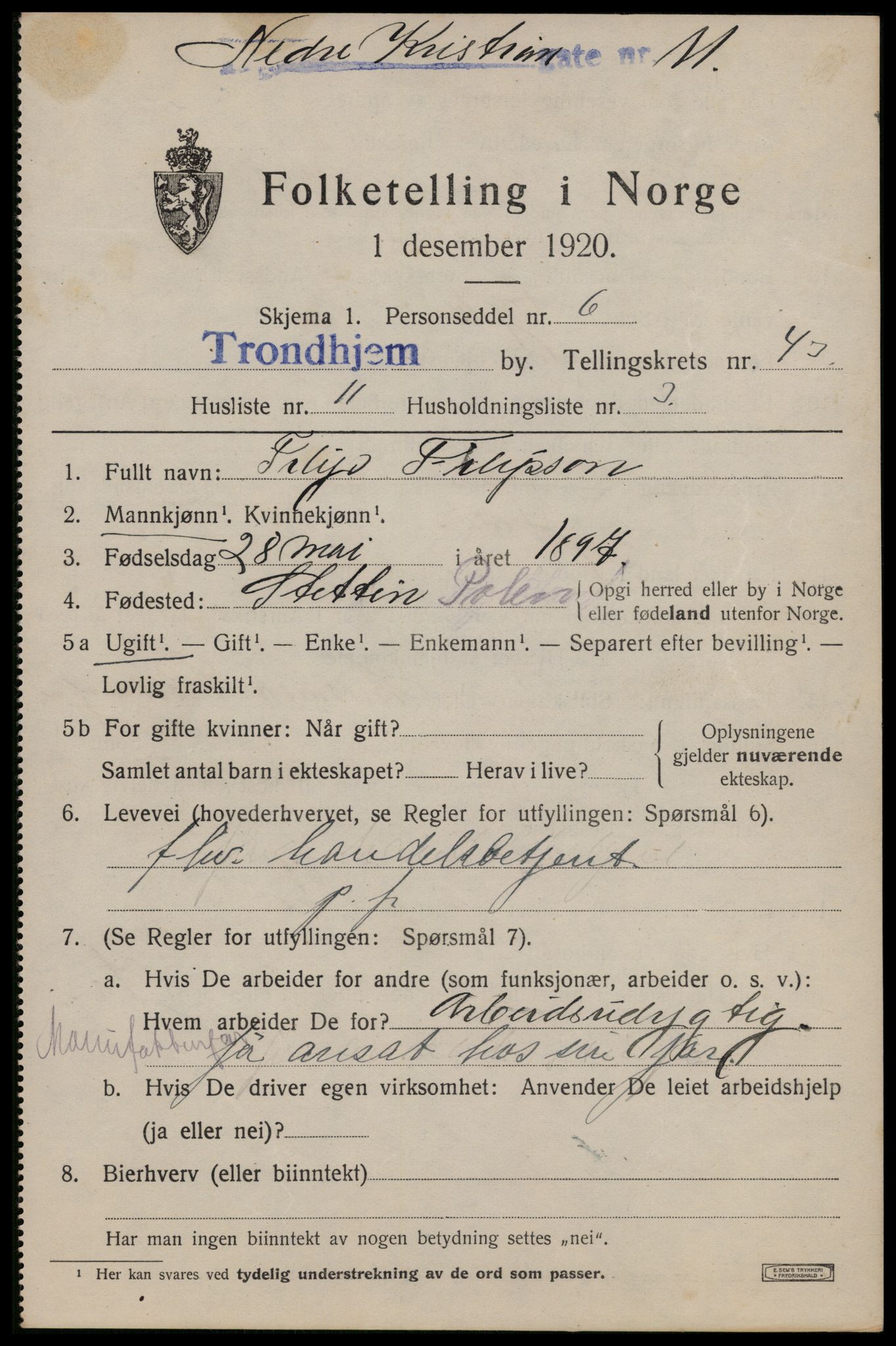 SAT, Folketelling 1920 for 1601 Trondheim kjøpstad, 1920, s. 93914