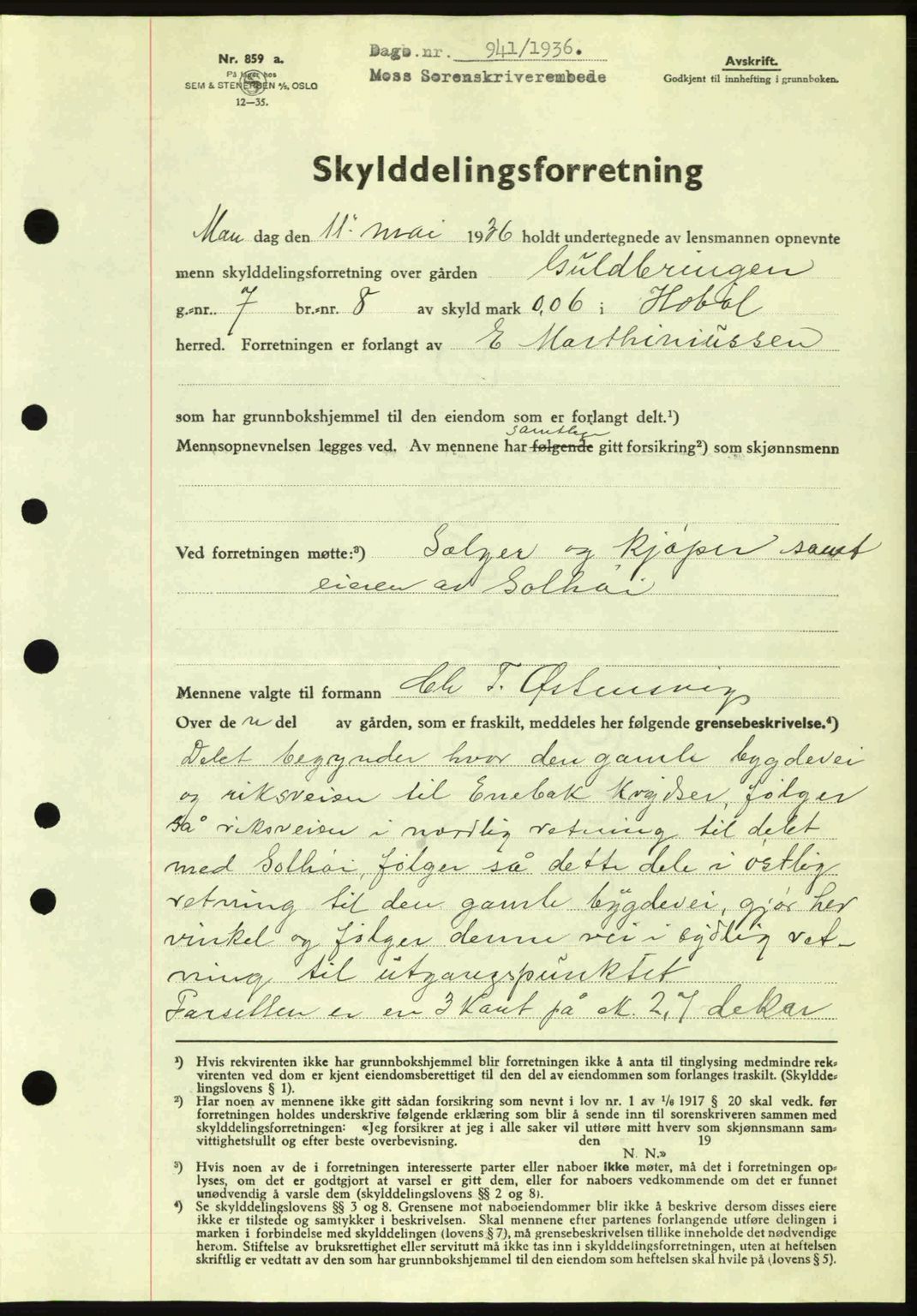 Moss sorenskriveri, SAO/A-10168: Pantebok nr. A1, 1936-1936, Dagboknr: 941/1936