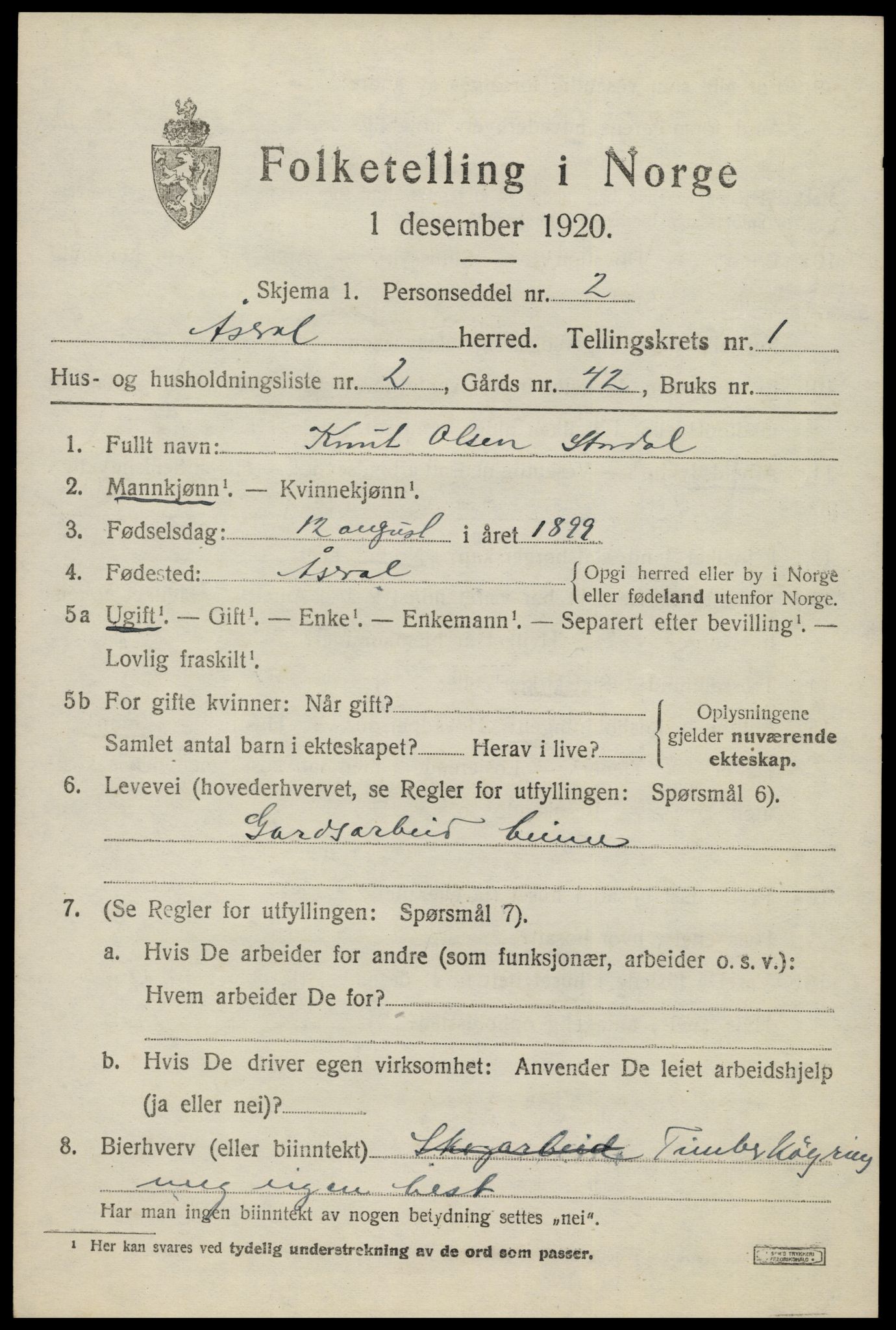 SAK, Folketelling 1920 for 1026 Åseral herred, 1920, s. 532