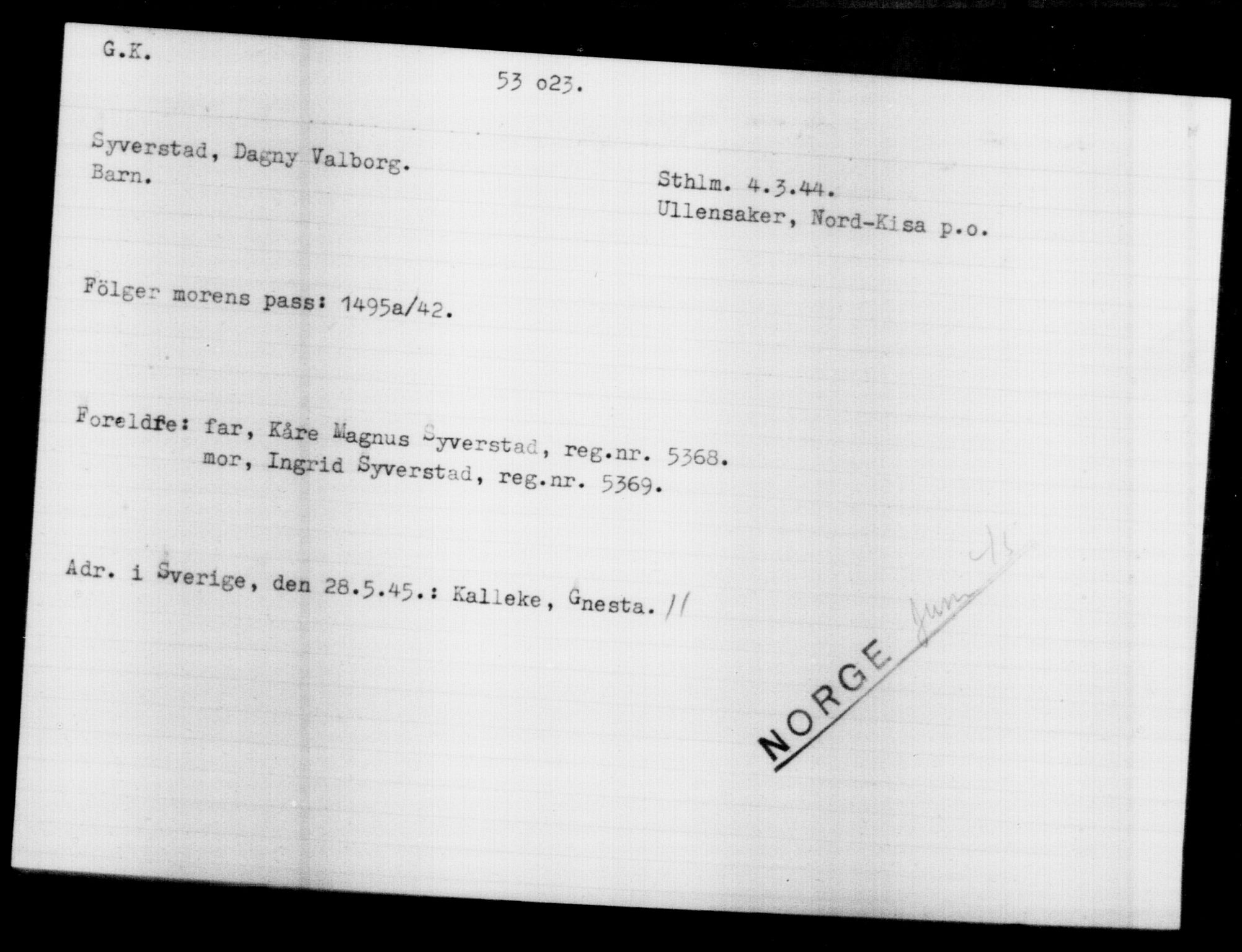 Utenriksstasjonene, Legasjonen i Stockholm, Flyktningkontoret, AV/RA-S-6753/V/Va/L0019: Kjesäterkartoteket, flyktninger med registreringsnr. 49600-55060, 1940-1945, s. 2488