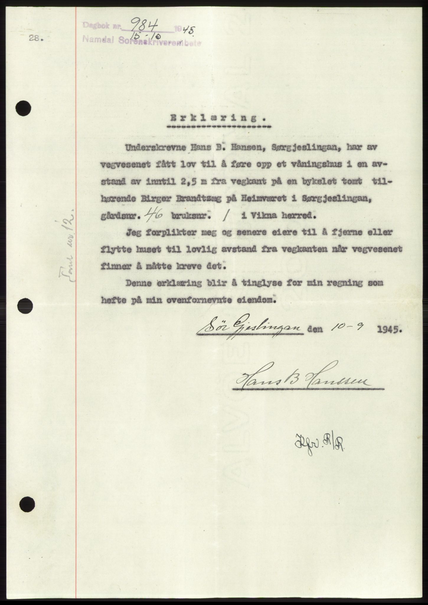 Namdal sorenskriveri, SAT/A-4133/1/2/2C: Pantebok nr. -, 1944-1945, Dagboknr: 984/1945