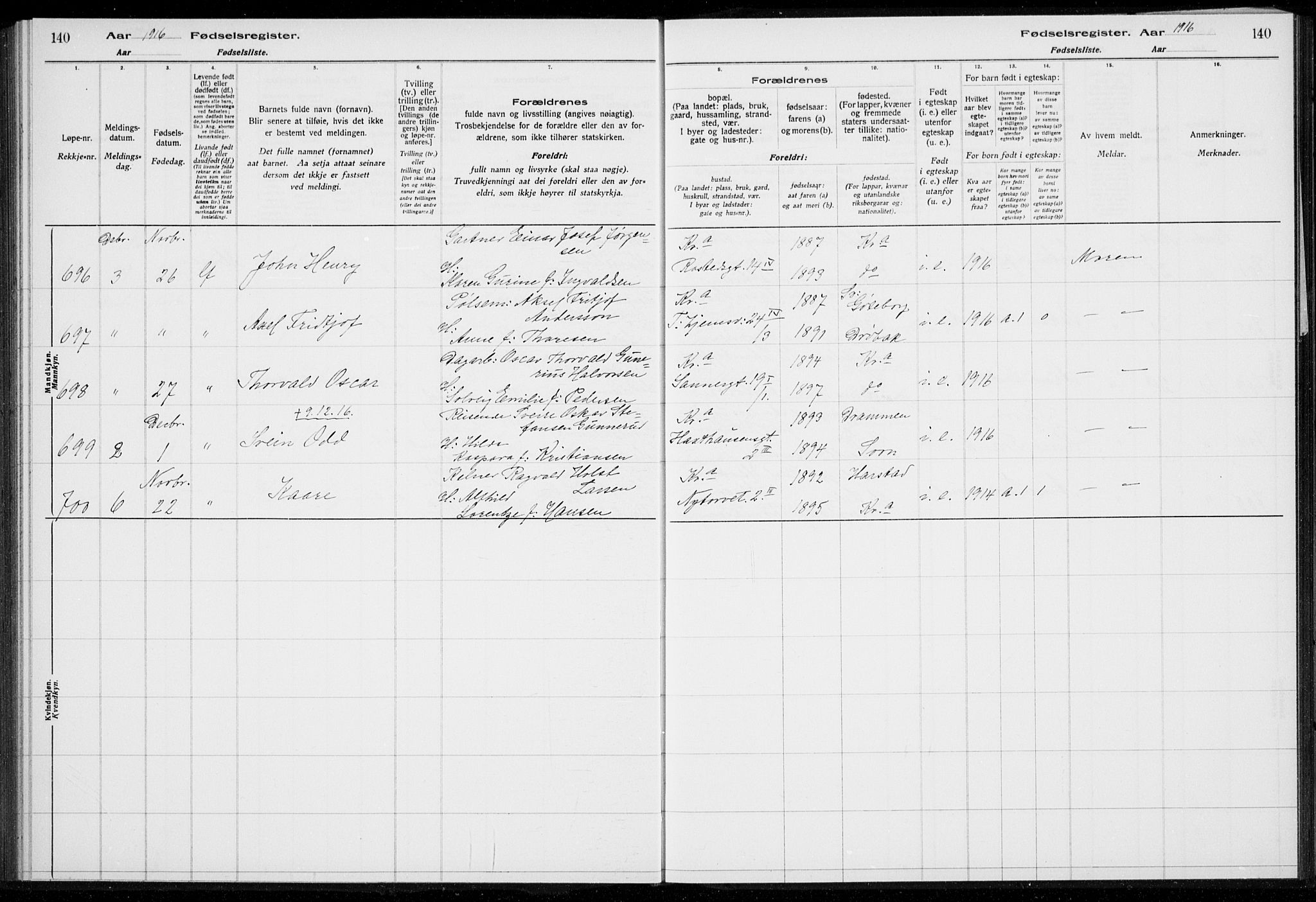 Rikshospitalet prestekontor Kirkebøker, AV/SAO-A-10309b/J/L0001: Fødselsregister nr. 1, 1916-1916, s. 140