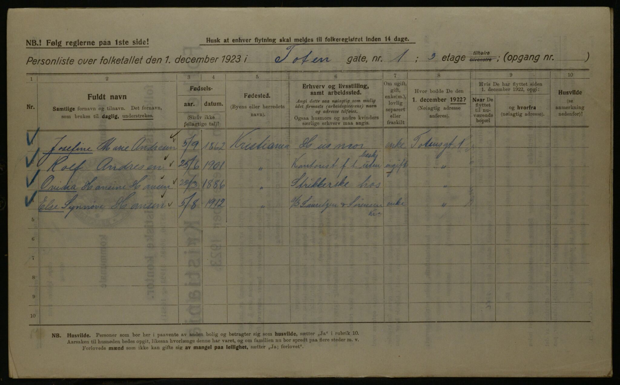 OBA, Kommunal folketelling 1.12.1923 for Kristiania, 1923, s. 127109