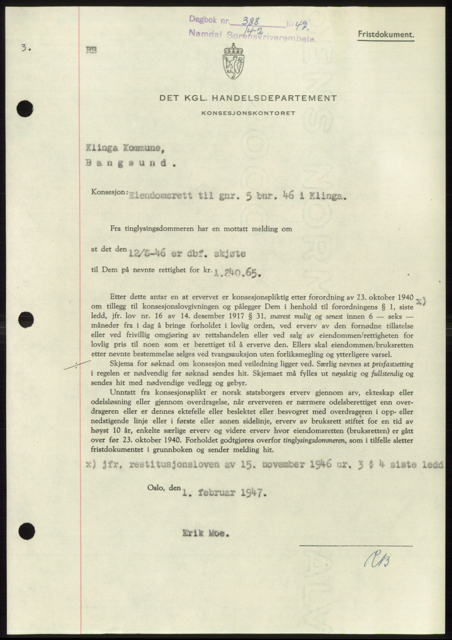 Namdal sorenskriveri, SAT/A-4133/1/2/2C: Pantebok nr. -, 1946-1947, Dagboknr: 388/1947