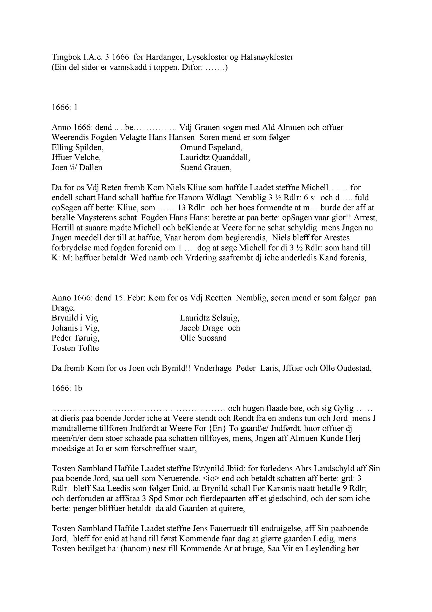 Samling av fulltekstavskrifter, SAB/FULLTEKST/A/12/0065: Hardanger og Voss sorenskriveri, tingbok nr. Ac 3 for Hardanger, Lysekloster og Halsnøy kloster, 1666