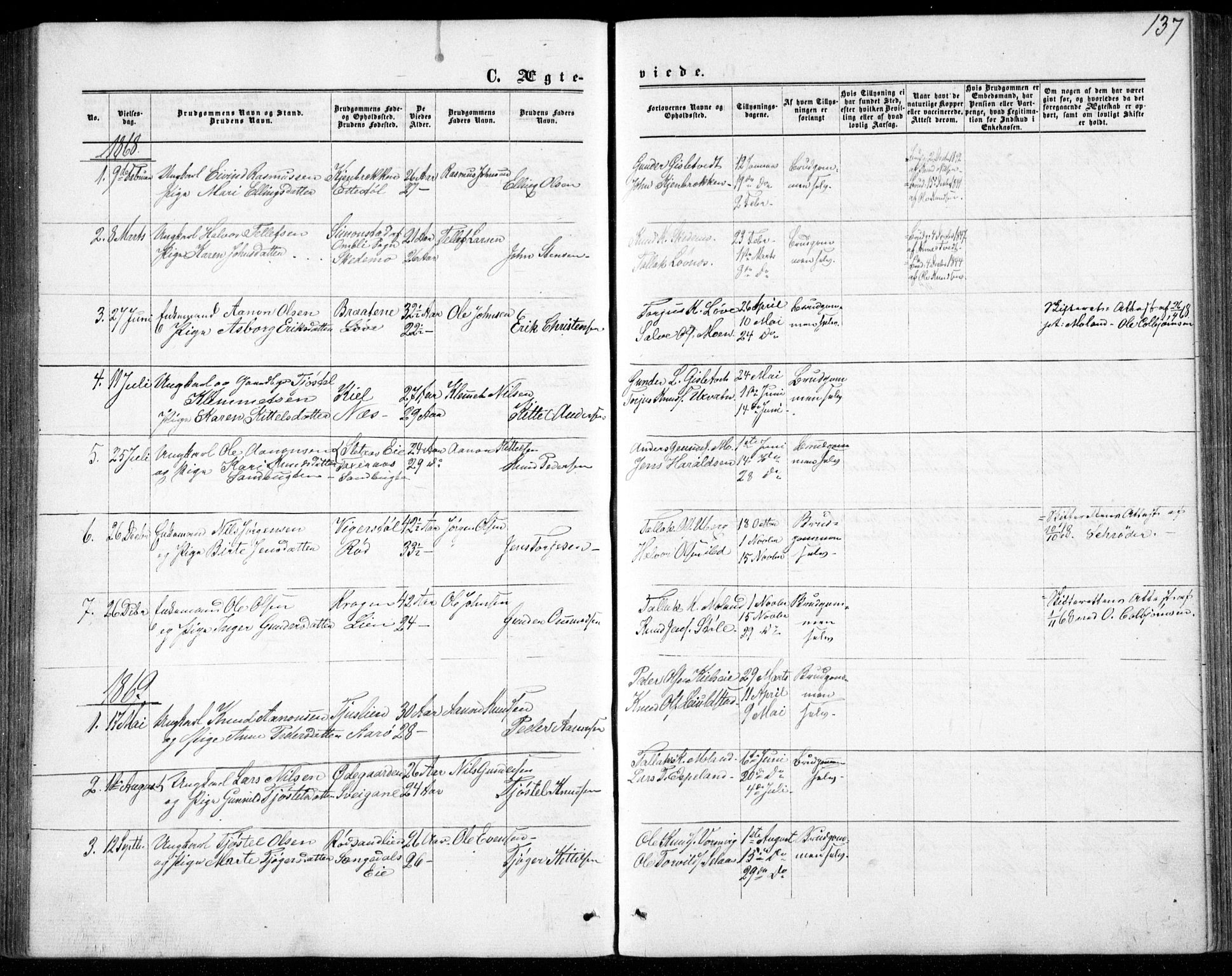 Gjerstad sokneprestkontor, SAK/1111-0014/F/Fb/Fbb/L0003: Klokkerbok nr. B 3, 1862-1889, s. 137