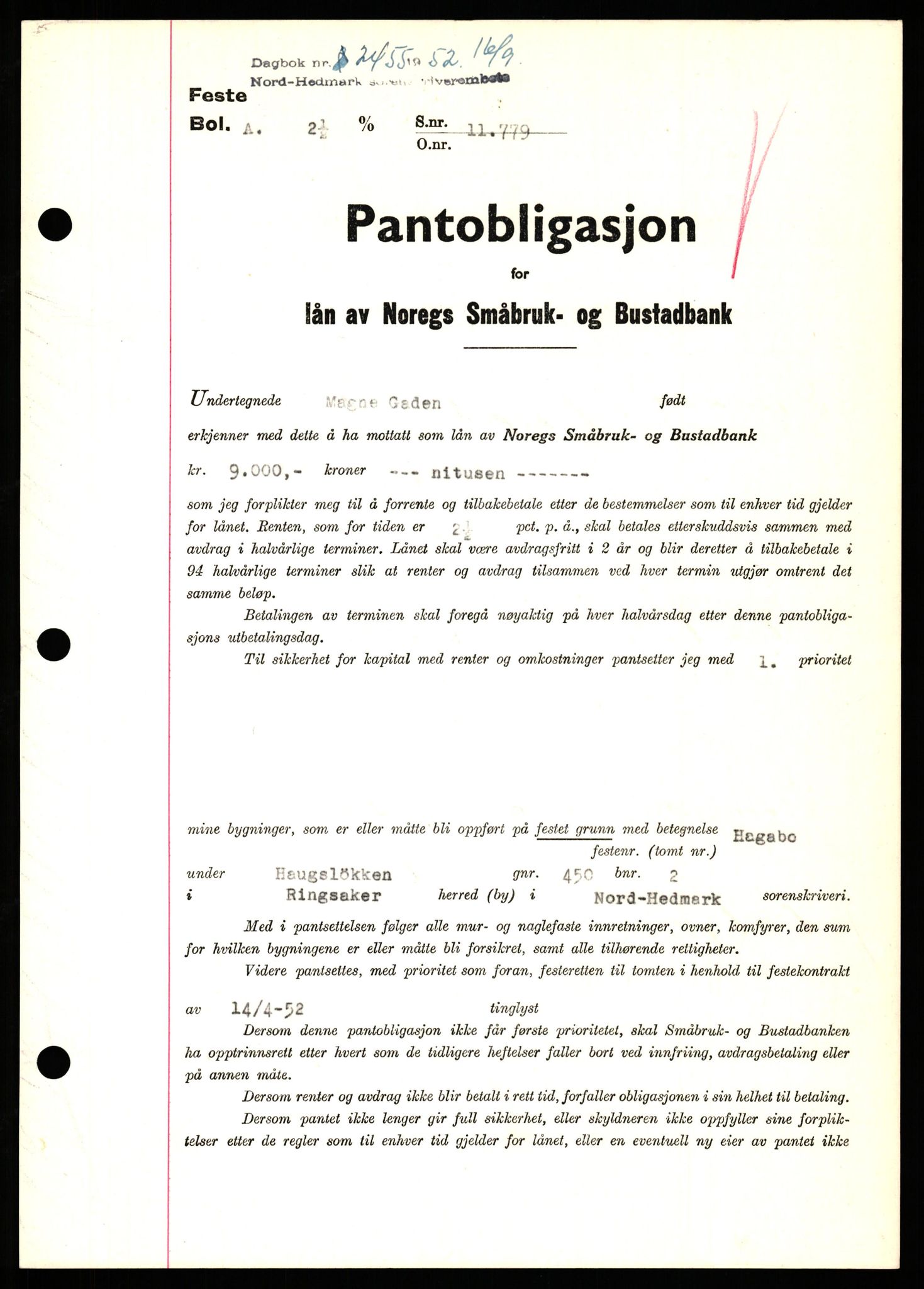 Nord-Hedmark sorenskriveri, SAH/TING-012/H/Hb/Hbf/L0025: Pantebok nr. B25, 1952-1952, Dagboknr: 2455/1952