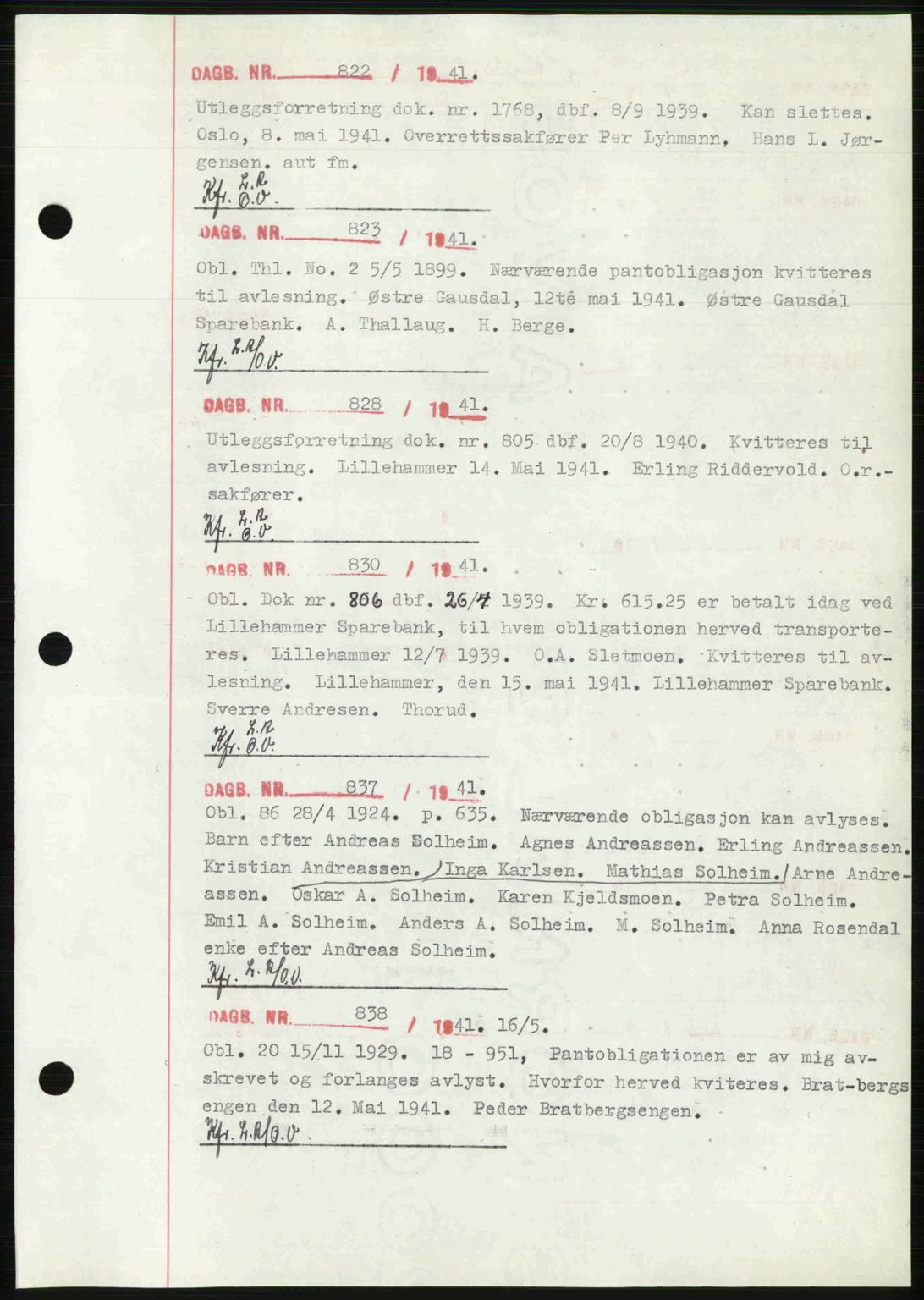 Sør-Gudbrandsdal tingrett, SAH/TING-004/H/Hb/Hbf/L0002: Pantebok nr. C1, 1938-1951, Dagboknr: 822/1941