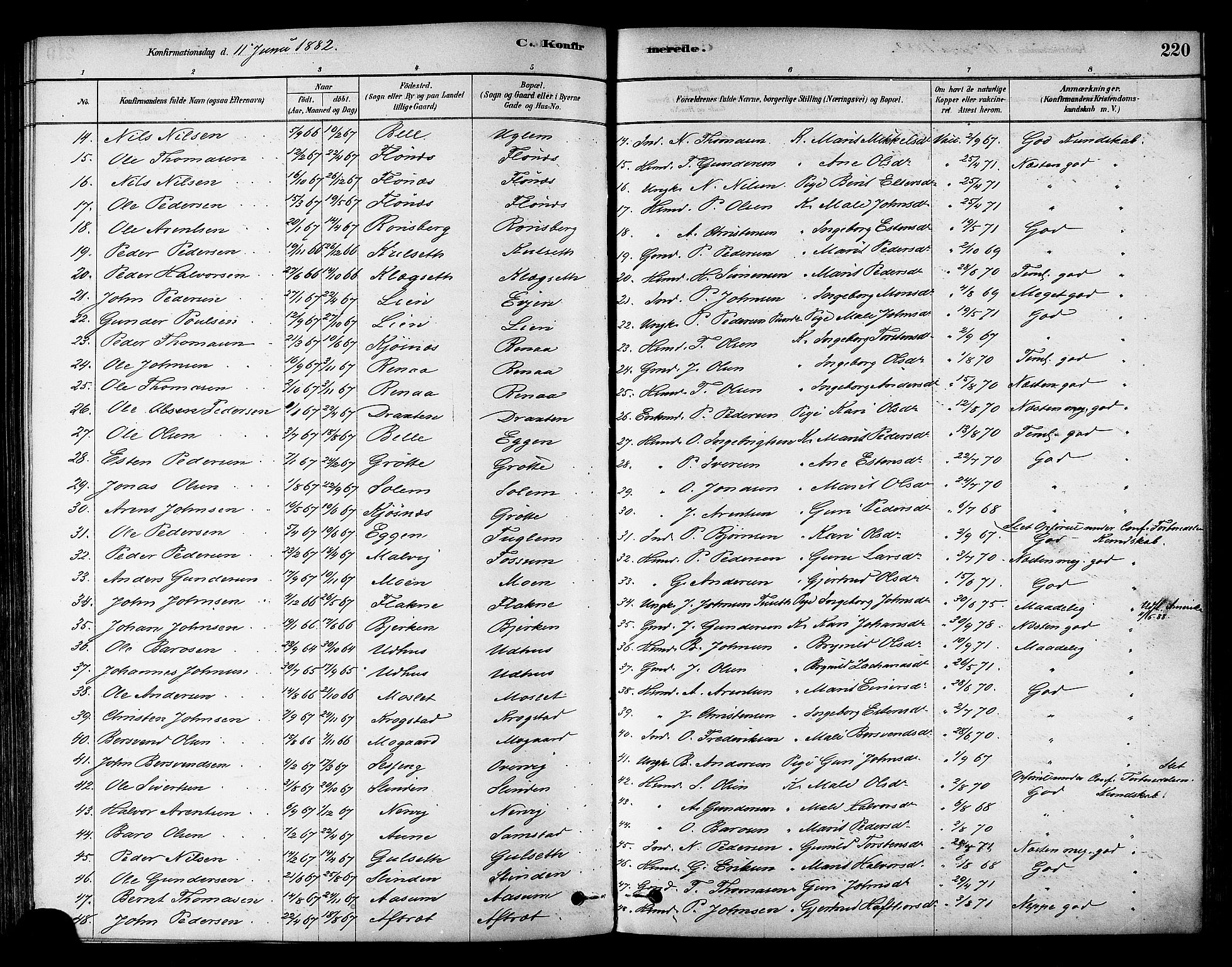 Ministerialprotokoller, klokkerbøker og fødselsregistre - Sør-Trøndelag, SAT/A-1456/695/L1148: Ministerialbok nr. 695A08, 1878-1891, s. 220
