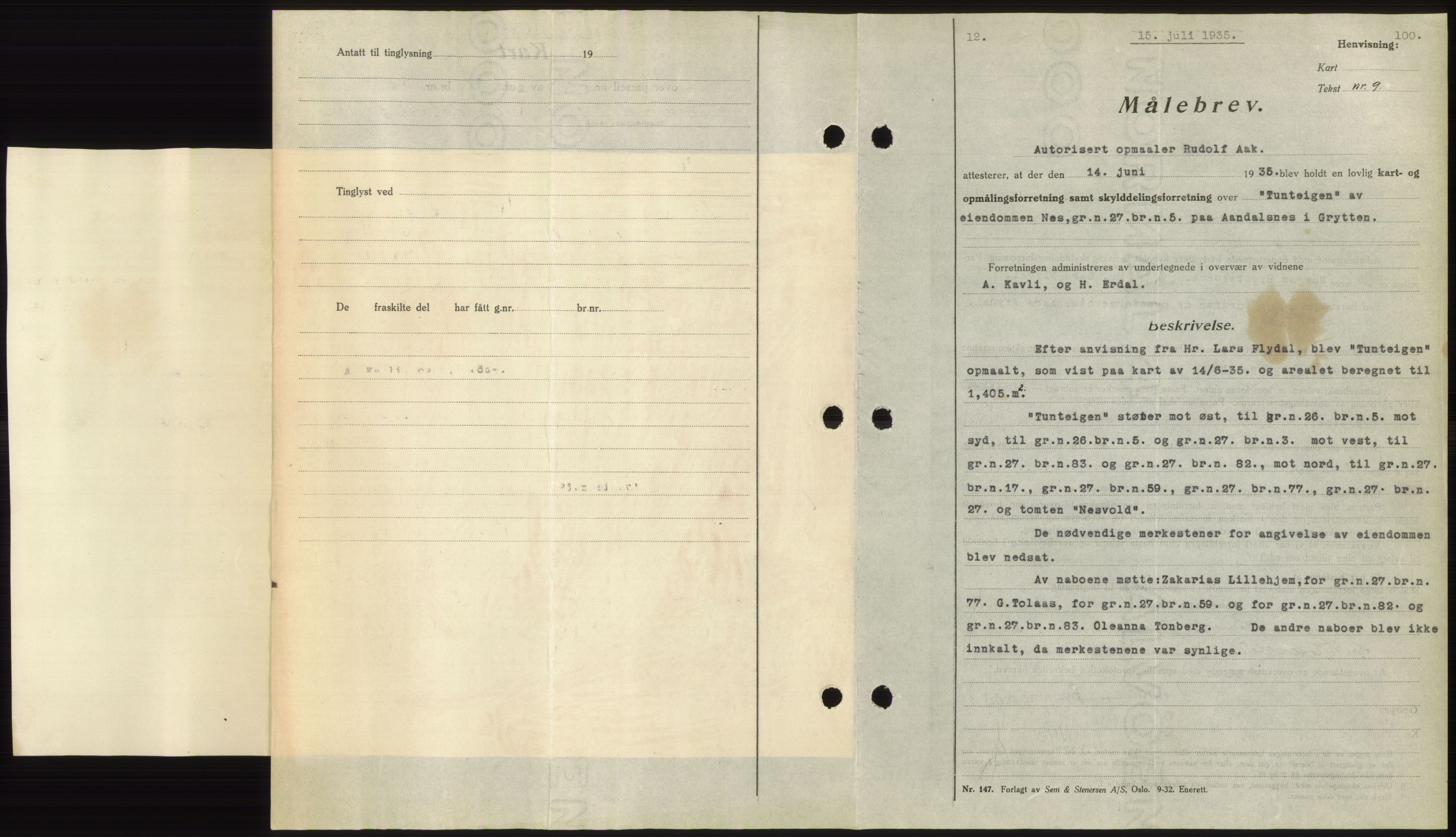 Romsdal sorenskriveri, AV/SAT-A-4149/1/2/2C/L0067: Pantebok nr. 61, 1935-1935, Tingl.dato: 15.07.1935