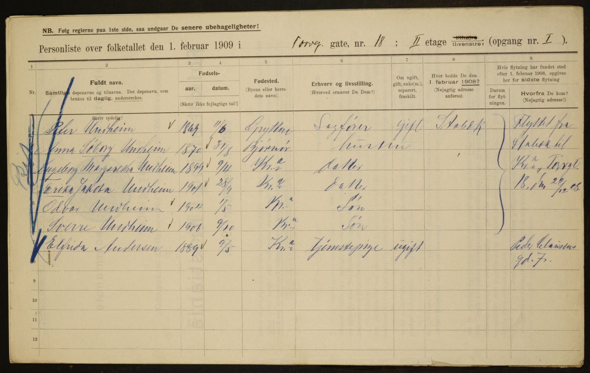 OBA, Kommunal folketelling 1.2.1909 for Kristiania kjøpstad, 1909, s. 103418