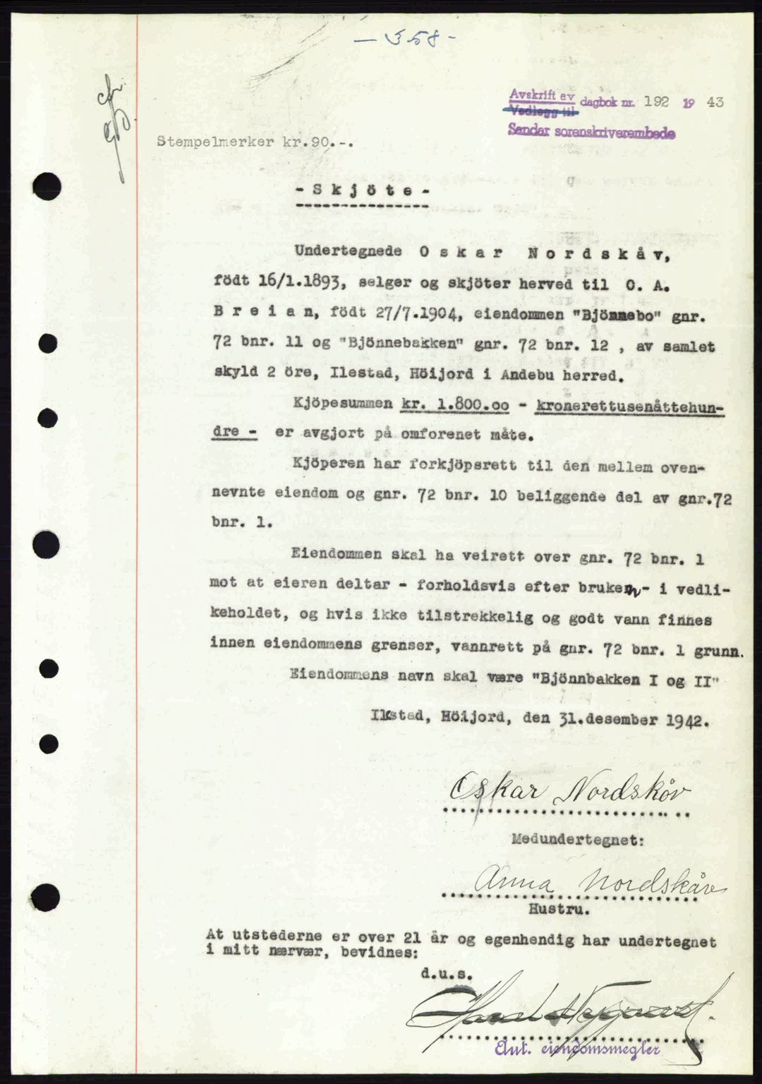 Jarlsberg sorenskriveri, SAKO/A-131/G/Ga/Gaa/L0013: Pantebok nr. A-13, 1942-1943, Dagboknr: 192/1943