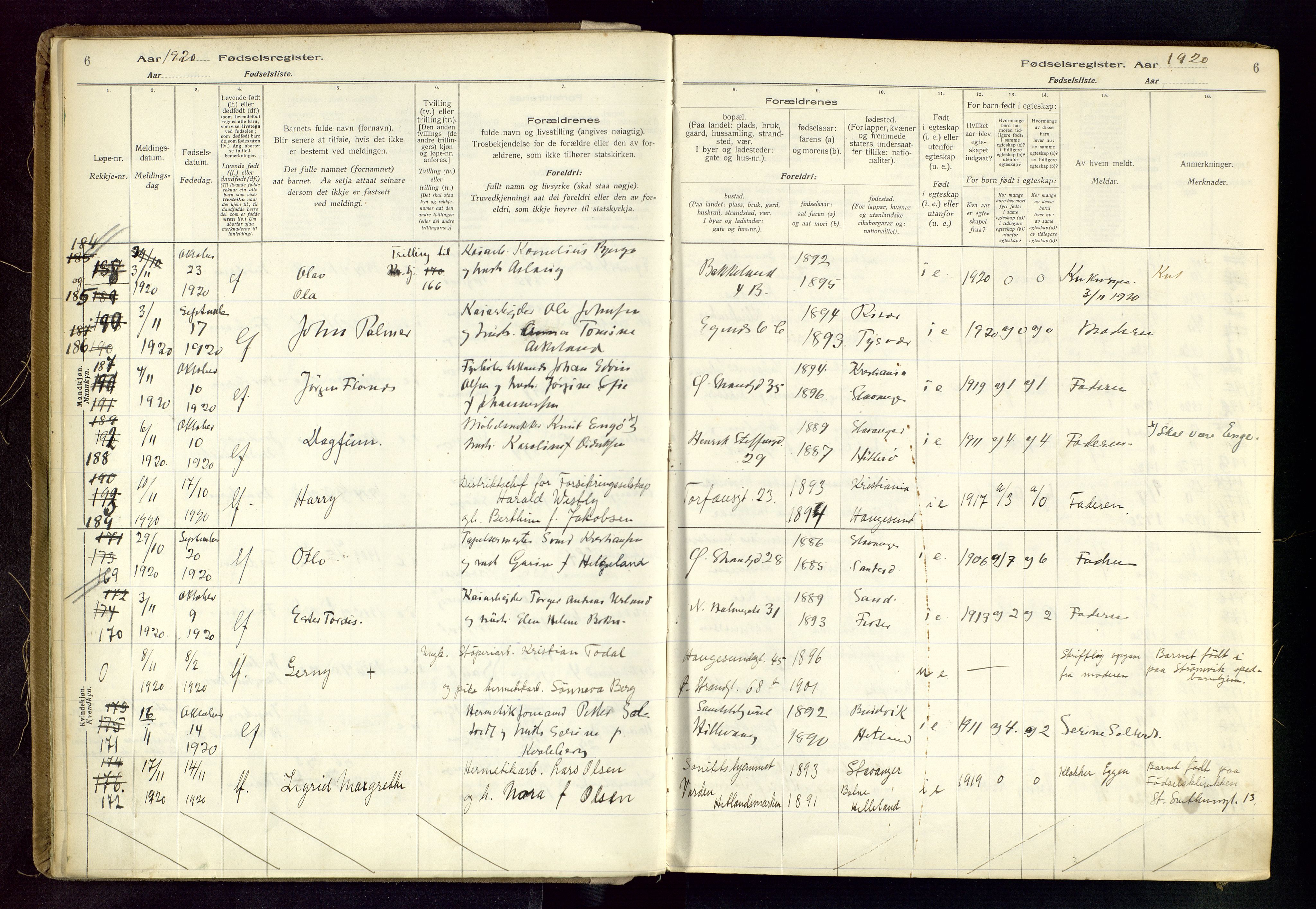 Domkirken sokneprestkontor, AV/SAST-A-101812/002/B/L0002: Fødselsregister nr. 2, 1920-1925, s. 6