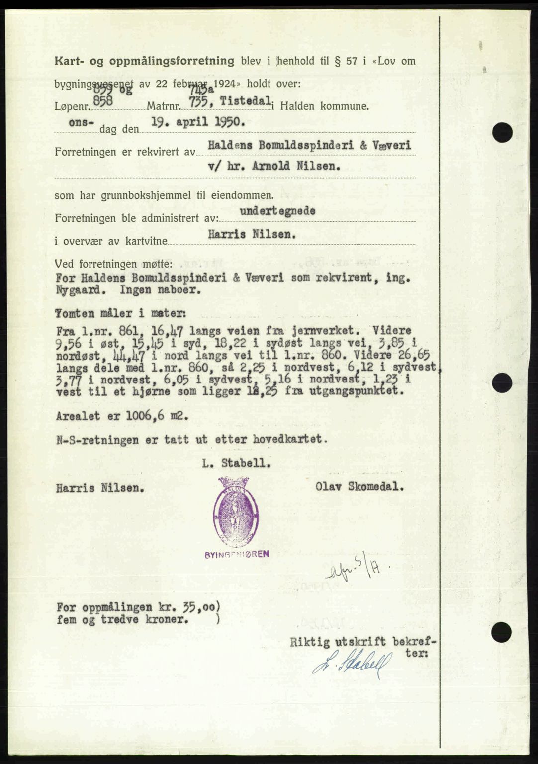 Idd og Marker sorenskriveri, AV/SAO-A-10283/G/Gb/Gbb/L0014: Pantebok nr. A14, 1950-1950, Dagboknr: 1097/1950