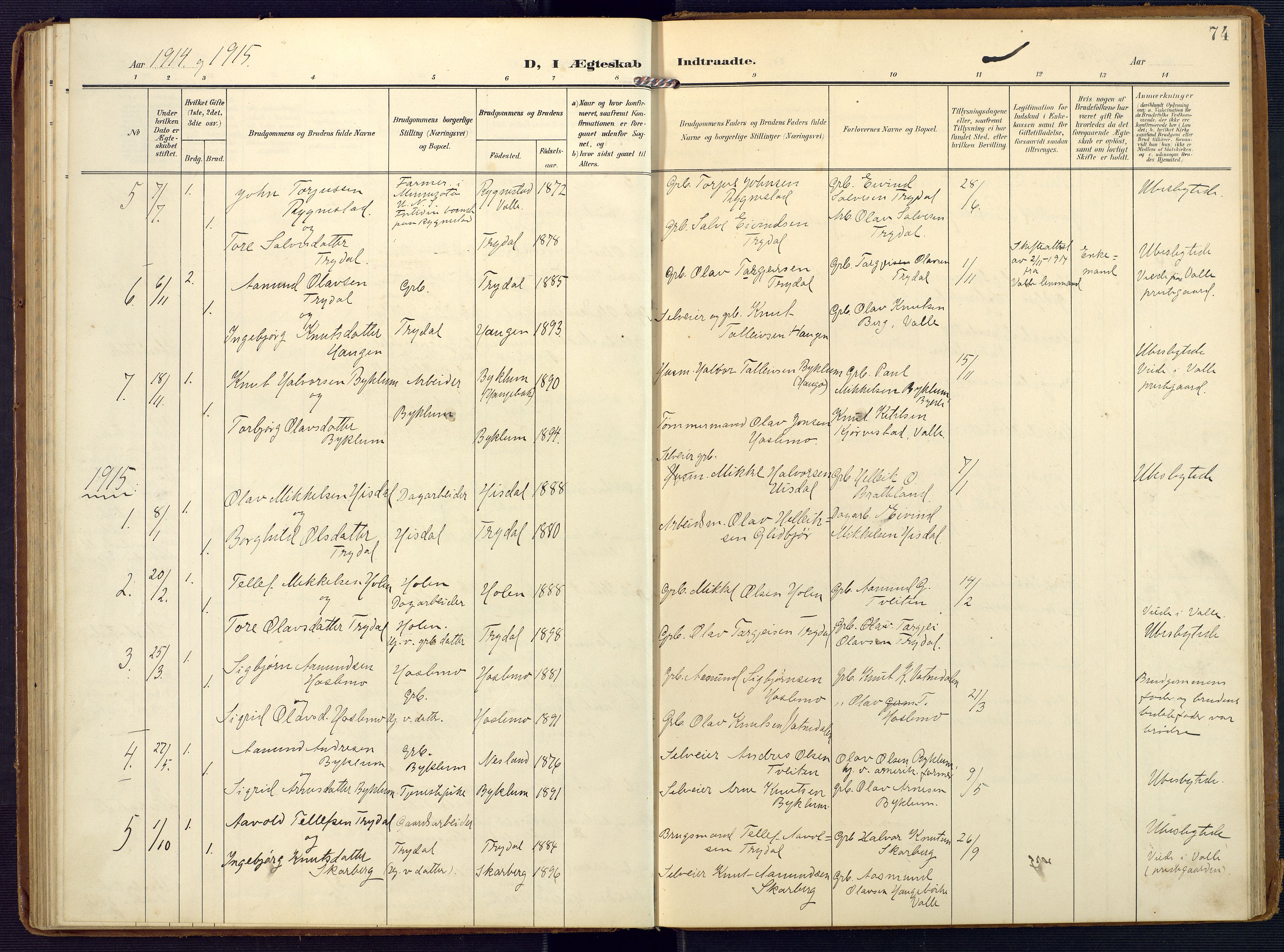 Valle sokneprestkontor, AV/SAK-1111-0044/F/Fa/Faa/L0002: Ministerialbok nr. A 2, 1907-1919, s. 74