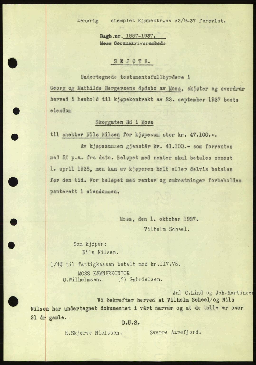 Moss sorenskriveri, SAO/A-10168: Pantebok nr. A3, 1937-1938, Dagboknr: 1887/1937
