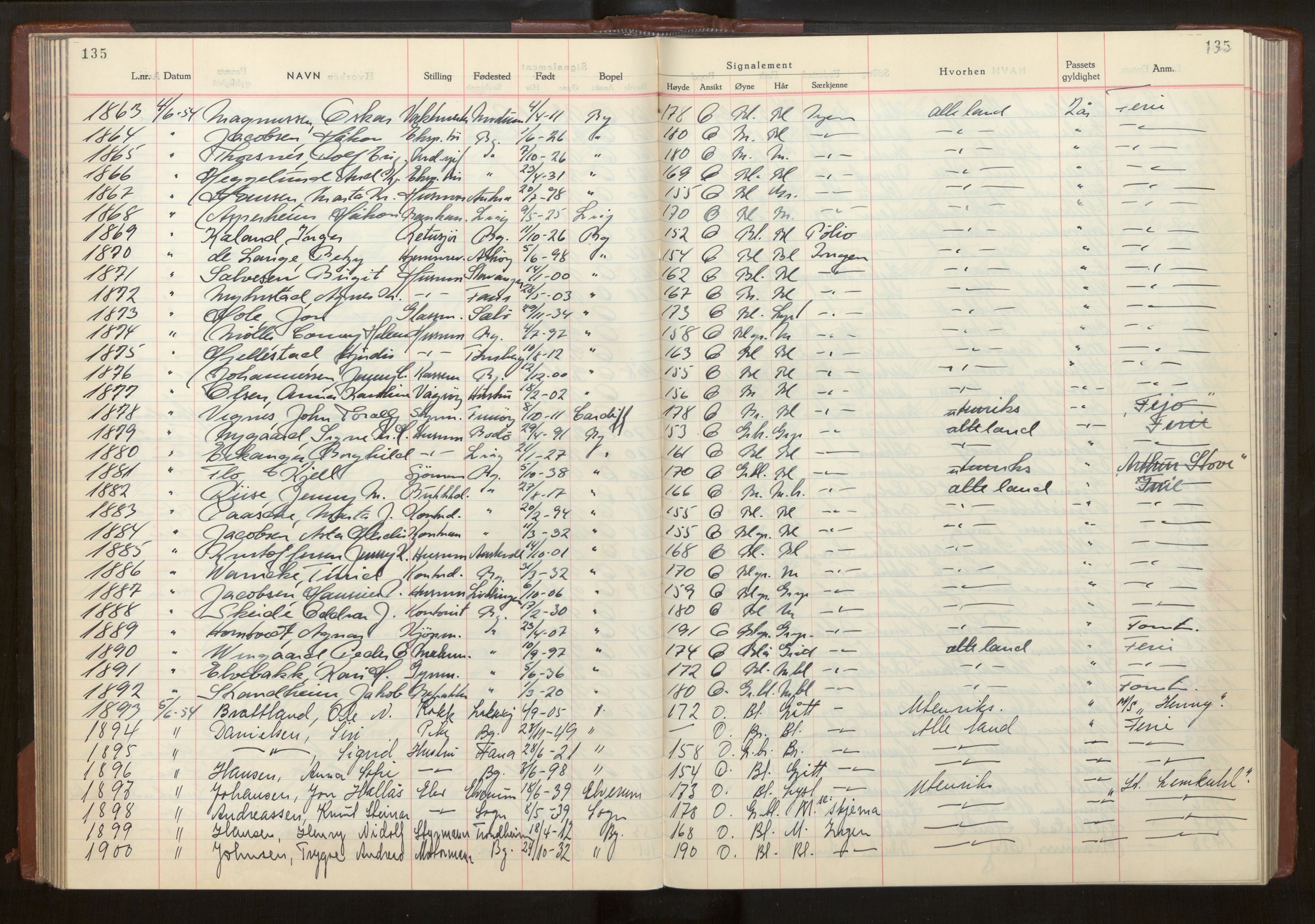 Bergen politikammer / politidistrikt, AV/SAB-A-60401/L/La/Lab/L0020: Passprotokoll, 1953-1955