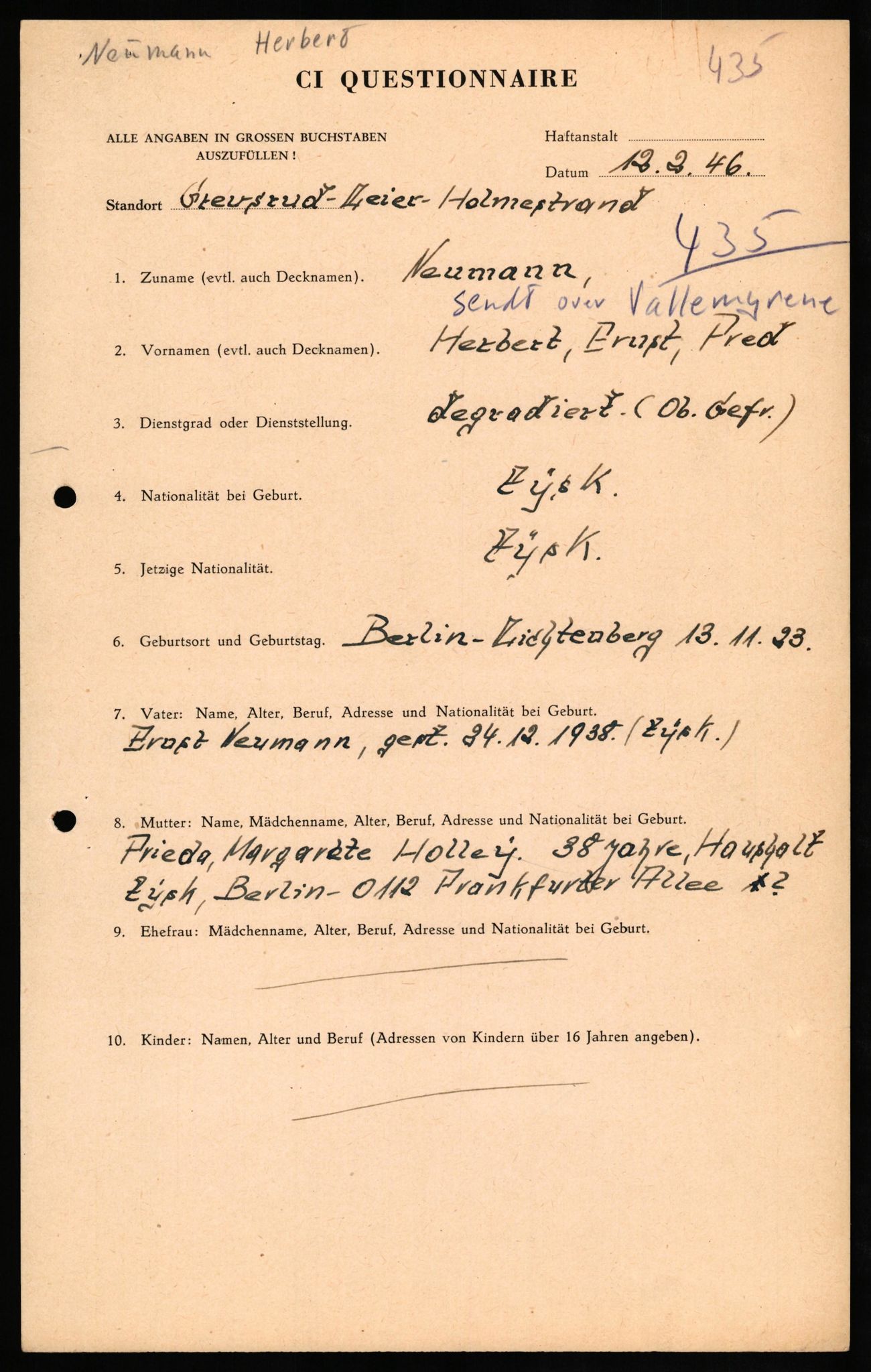 Forsvaret, Forsvarets overkommando II, AV/RA-RAFA-3915/D/Db/L0024: CI Questionaires. Tyske okkupasjonsstyrker i Norge. Tyskere., 1945-1946, s. 46